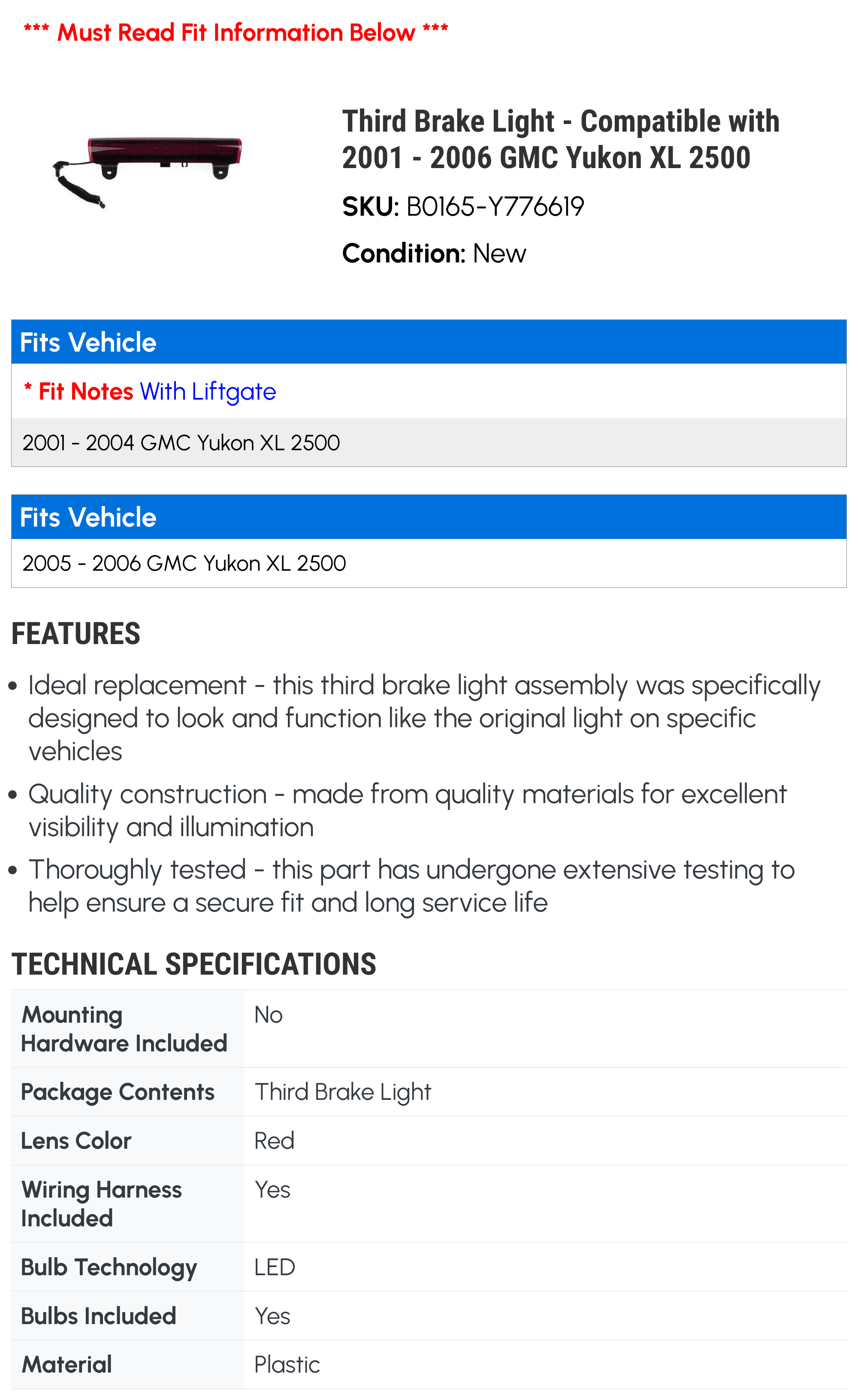 Third Brake Light - Compatible with 2001 - 2006 GMC Yukon XL 2500 2002 2003 2004 2005