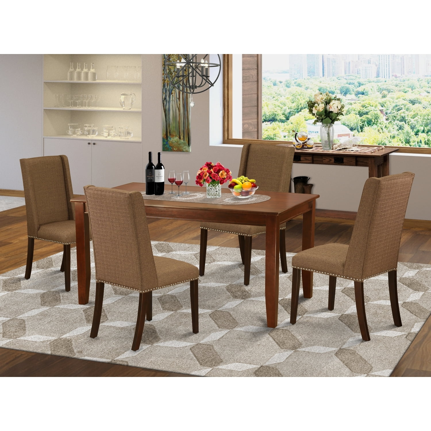 HomeStock Baroque Brilliance 5-Piece Dining Set- 4 Parsons Chairs And A Modern Dining Table Solid Wood Structure - High Back & Mahogany Finish