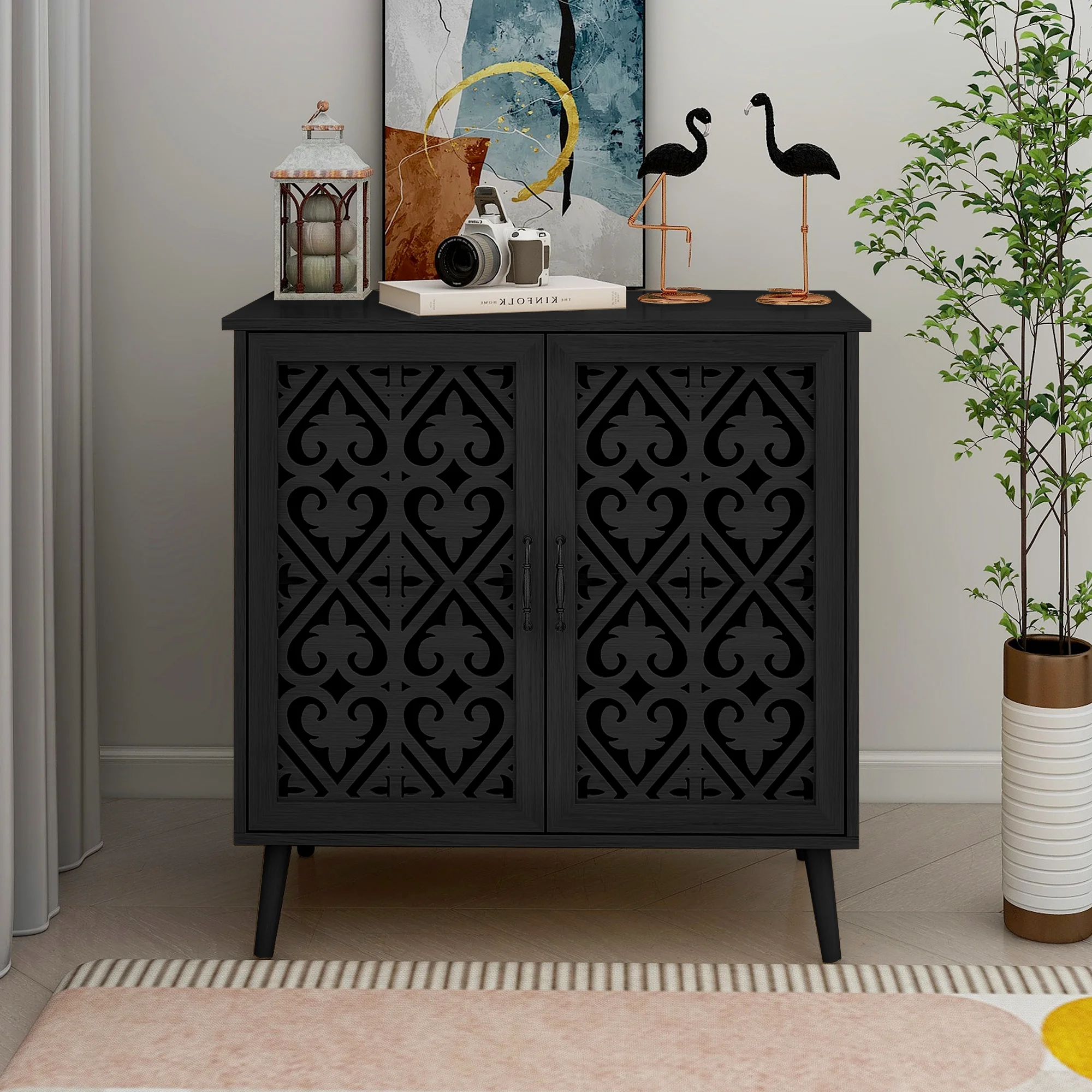 Giratree Storage Cabinets with 2 Doors, Hollow-Carved Wood Accent Cabinets, Black