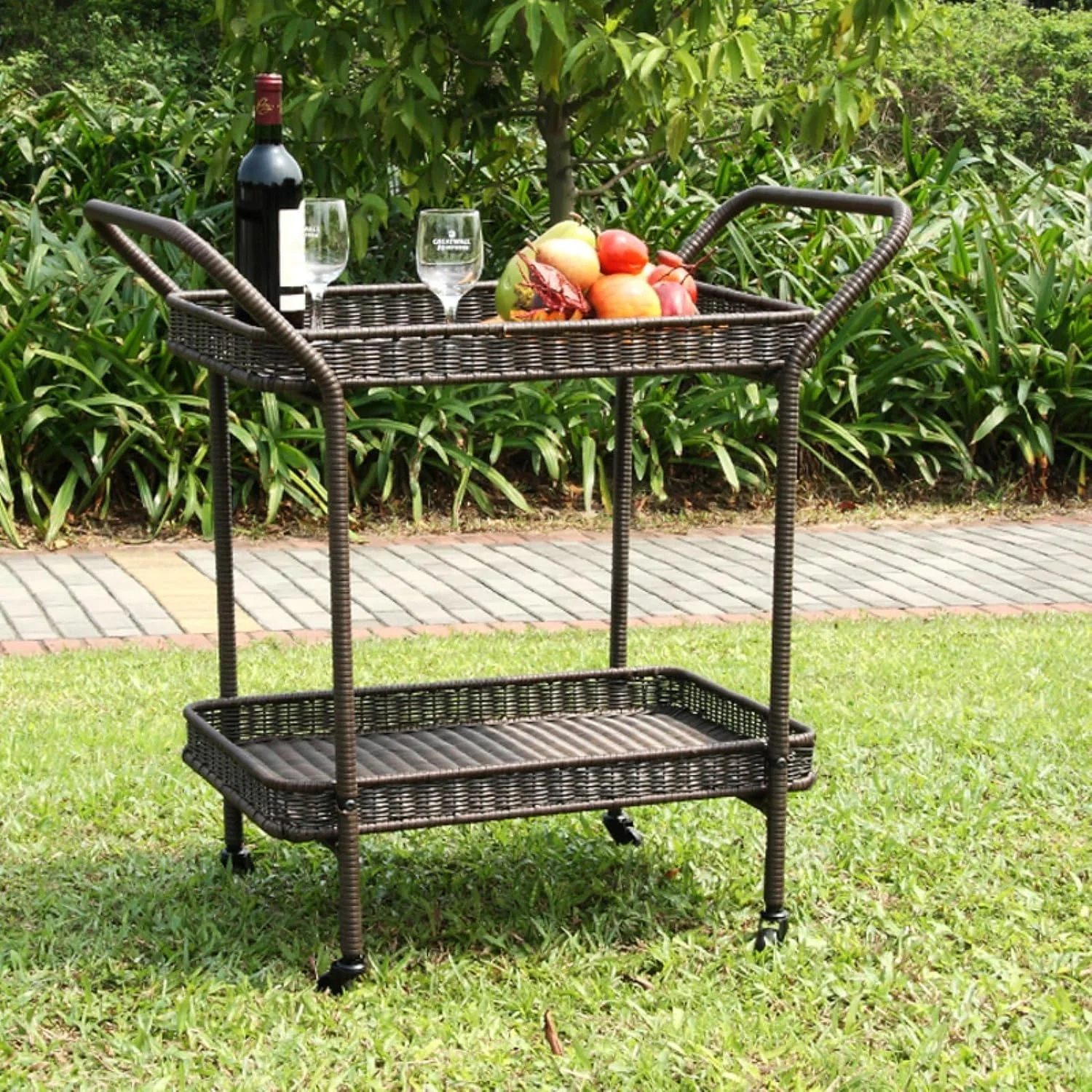 Jeco Wicker Patio Serving Cart in Black