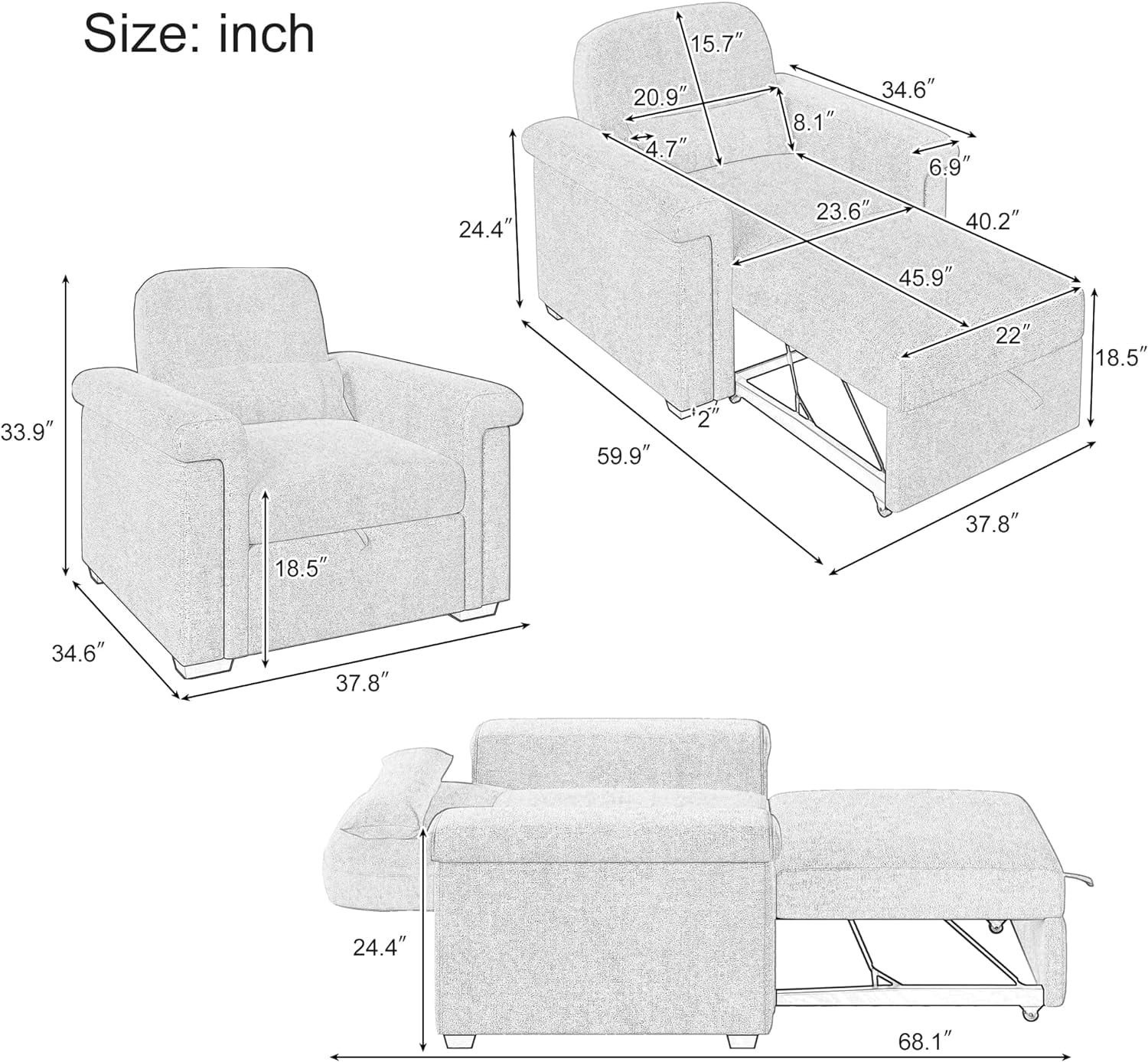 3 in 1 Convertible Sleeper Chair Sofa Bed,Pull Out Lounger Chair with Pillow,Multi-Functional Sleeper Chair with Adjustable Backrest,Single Chair Bed for Living Room, Apartment(Beige)