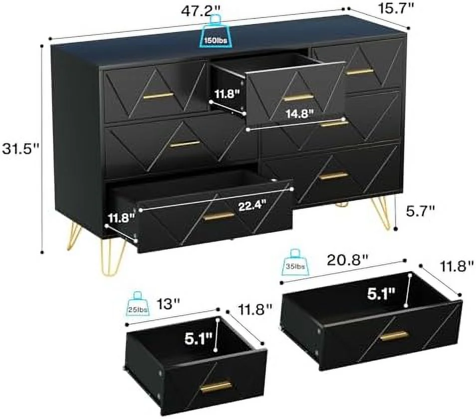 HBBOOMLIFE Dresser for Bedroom  7 Drawer Dresser  Black Dresser with Gold Handles  Modern Dressers & Chests of Drawers   Dresser for Bedroom  Hallway  Entryway