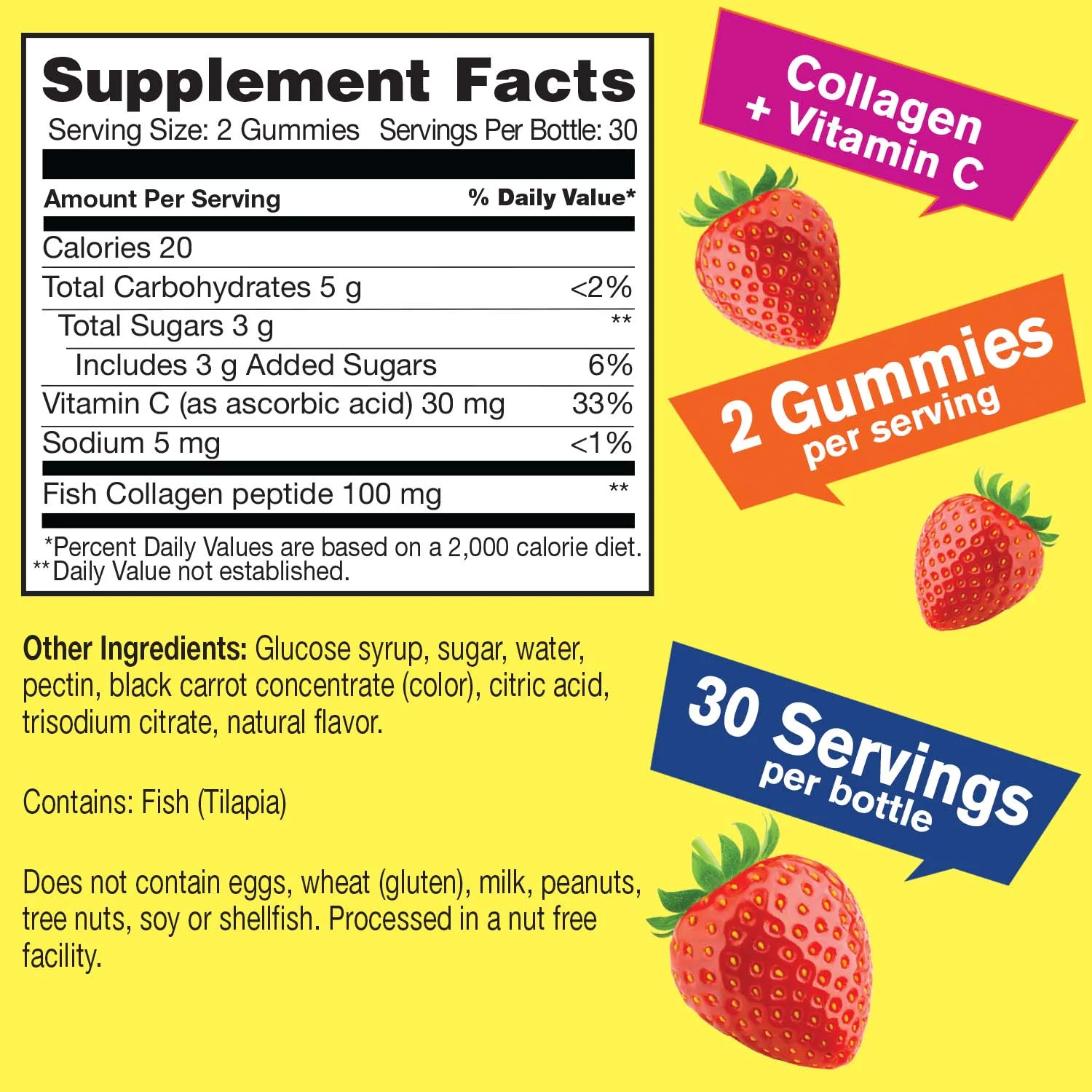 Collagen Gummies with Vitamin C, Collagen for Women and Men, Hair, Skin, and Nails Support, Strawberry Flavor, Gluten and Nut Free, Non GMO, 60 Count