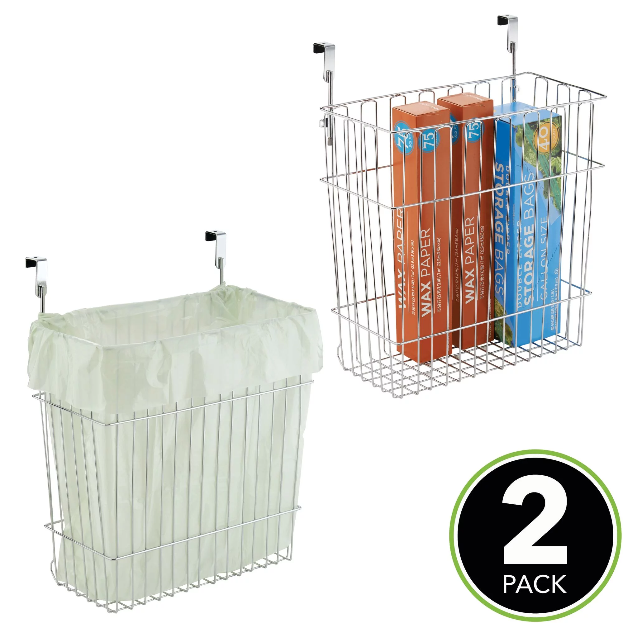 mDesign Over Door Kitchen Storage Organizer Basket/Trash Can, 2 Pack, Chrome