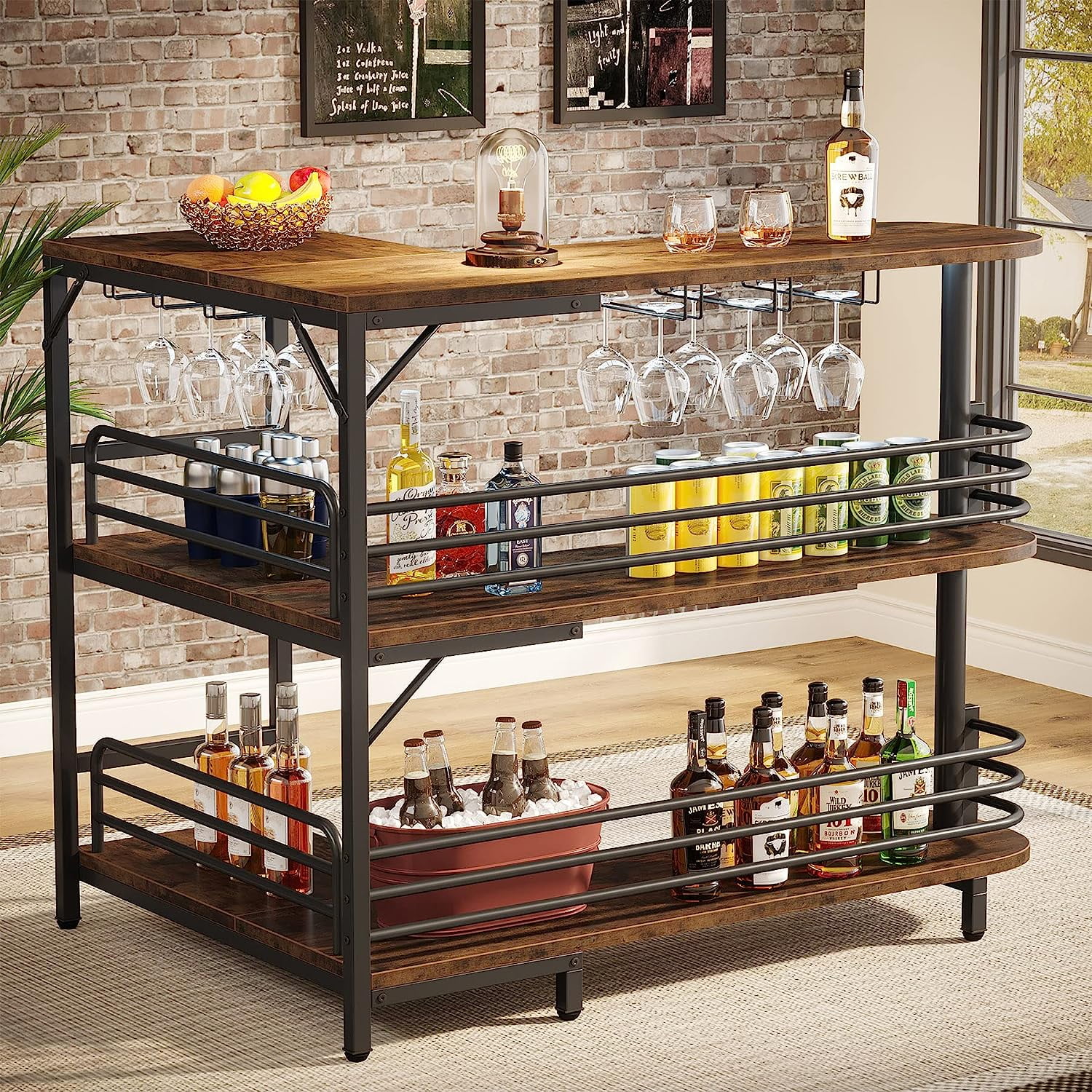 U-SHARE L-Shaped Home Bar Unit, 3 Tier Liquor Bar Table with Storage Shelves and Wine Glasses Holder, Industrial Corner Wine Bar Cabinet Mini Bars for Home Kitchen Pub, Rustic Brown