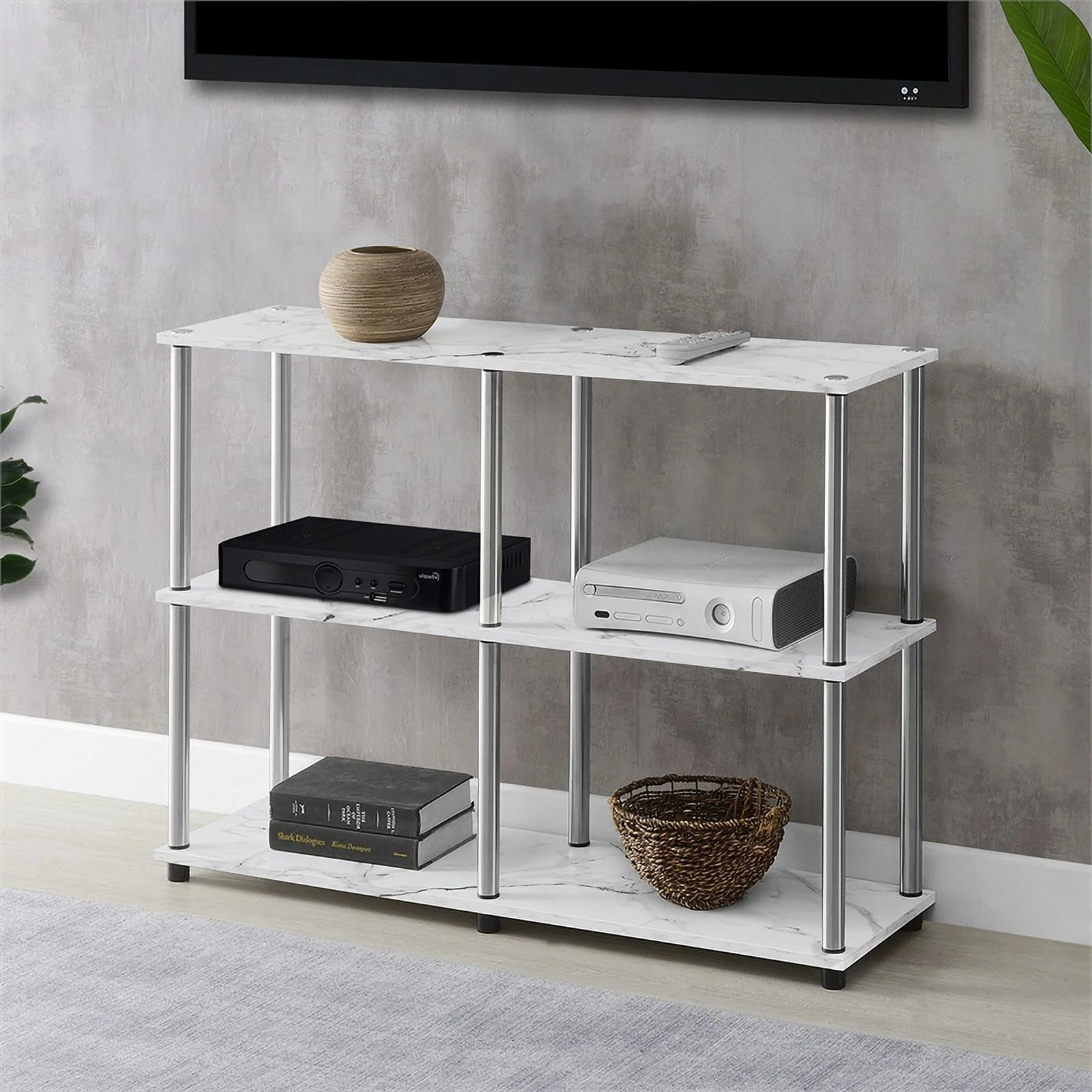 Pemberly Row No-Tools Console Table w/ Shelves in White Faux Marble Wood Finish