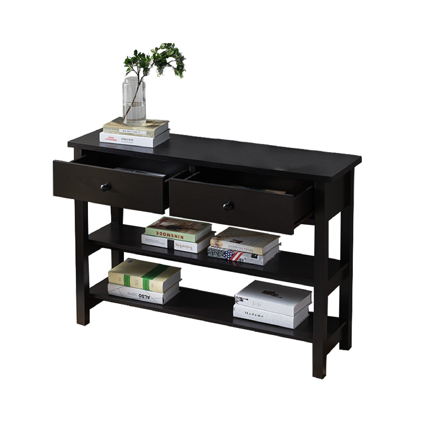 Benjara Two Drawer Console Table with Two Open Shelves and Block Legs, Dark Brown