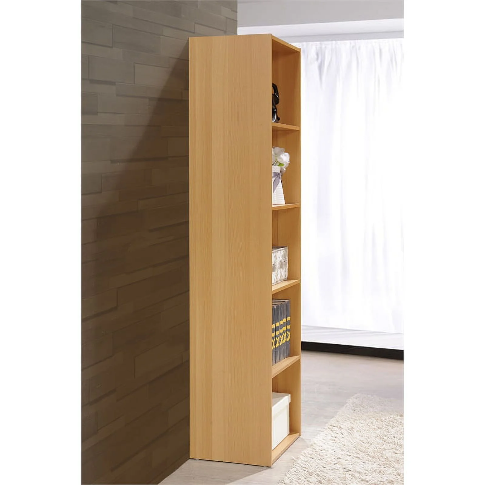 Pemberly Row Five Shelf Multi-Purpose Wooden Bookcase in Beige Finish