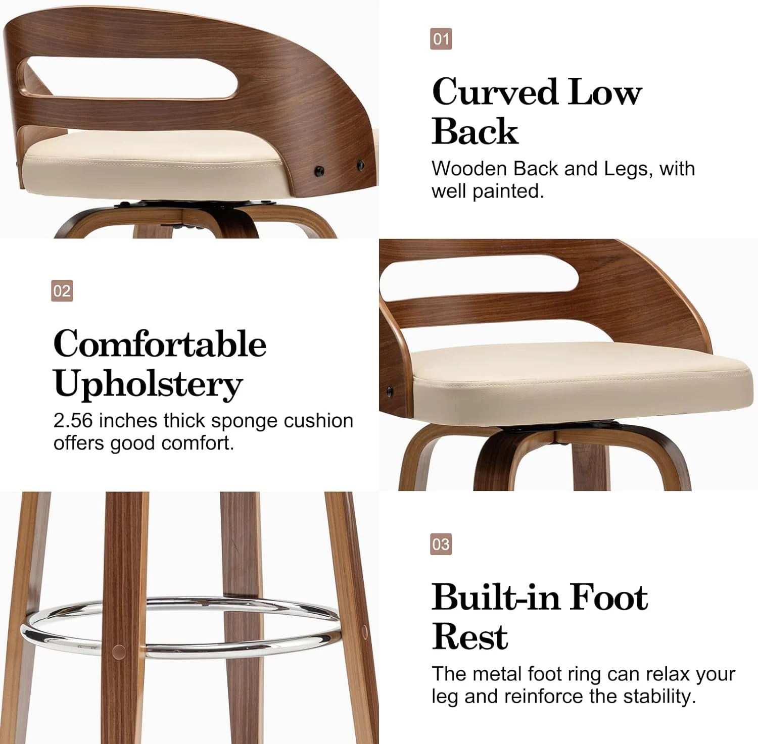 U-ToBe Bar Stools Set of 2, Swivel Bar Height Stools with Low Back, Wood Bar Chairs with Soft Cushion Seat, 30.31-Inch Seat Height (Black, 30