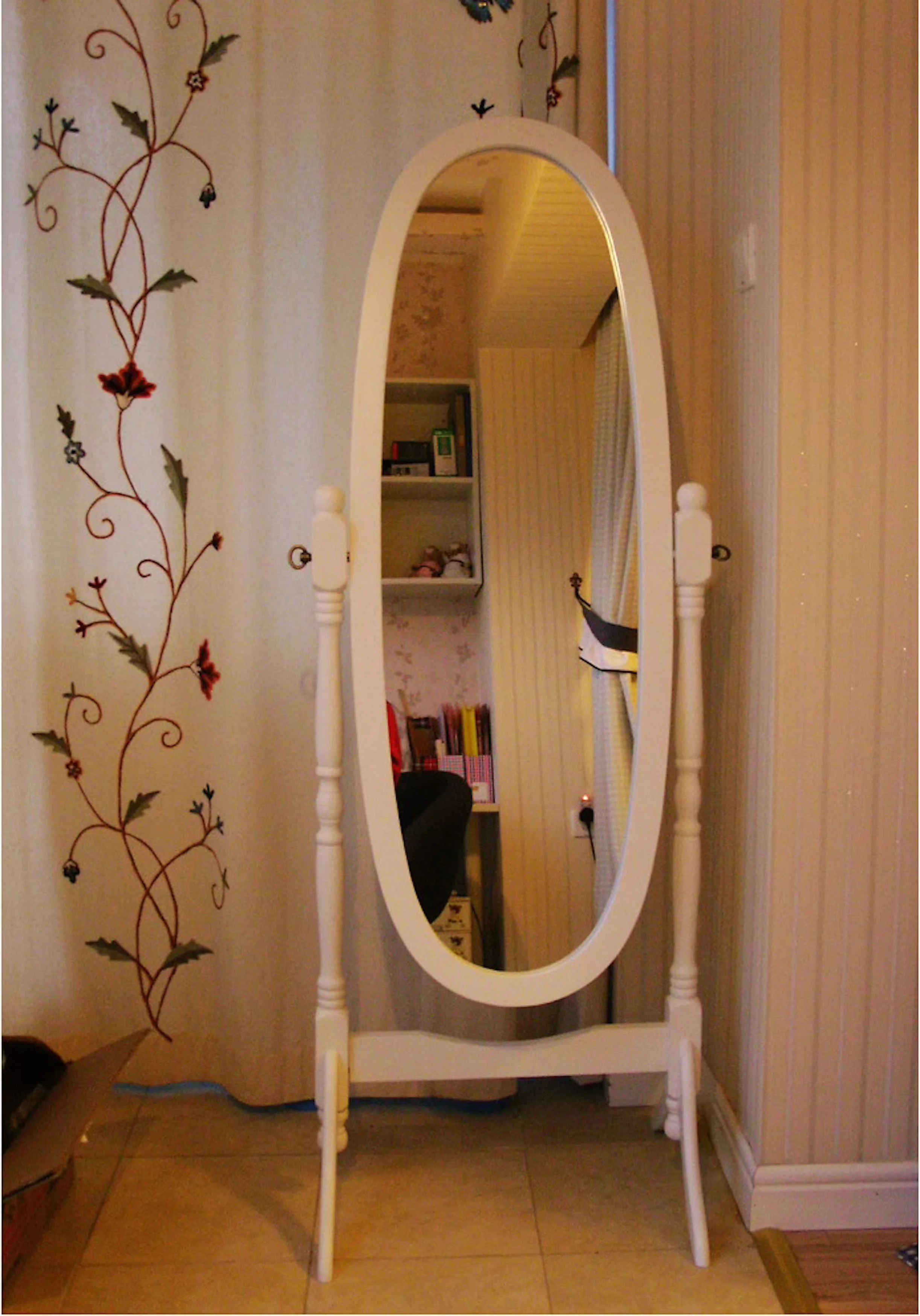 Swivel Adjustable Full-Length Oval Wood Cheval Floor Mirror in White