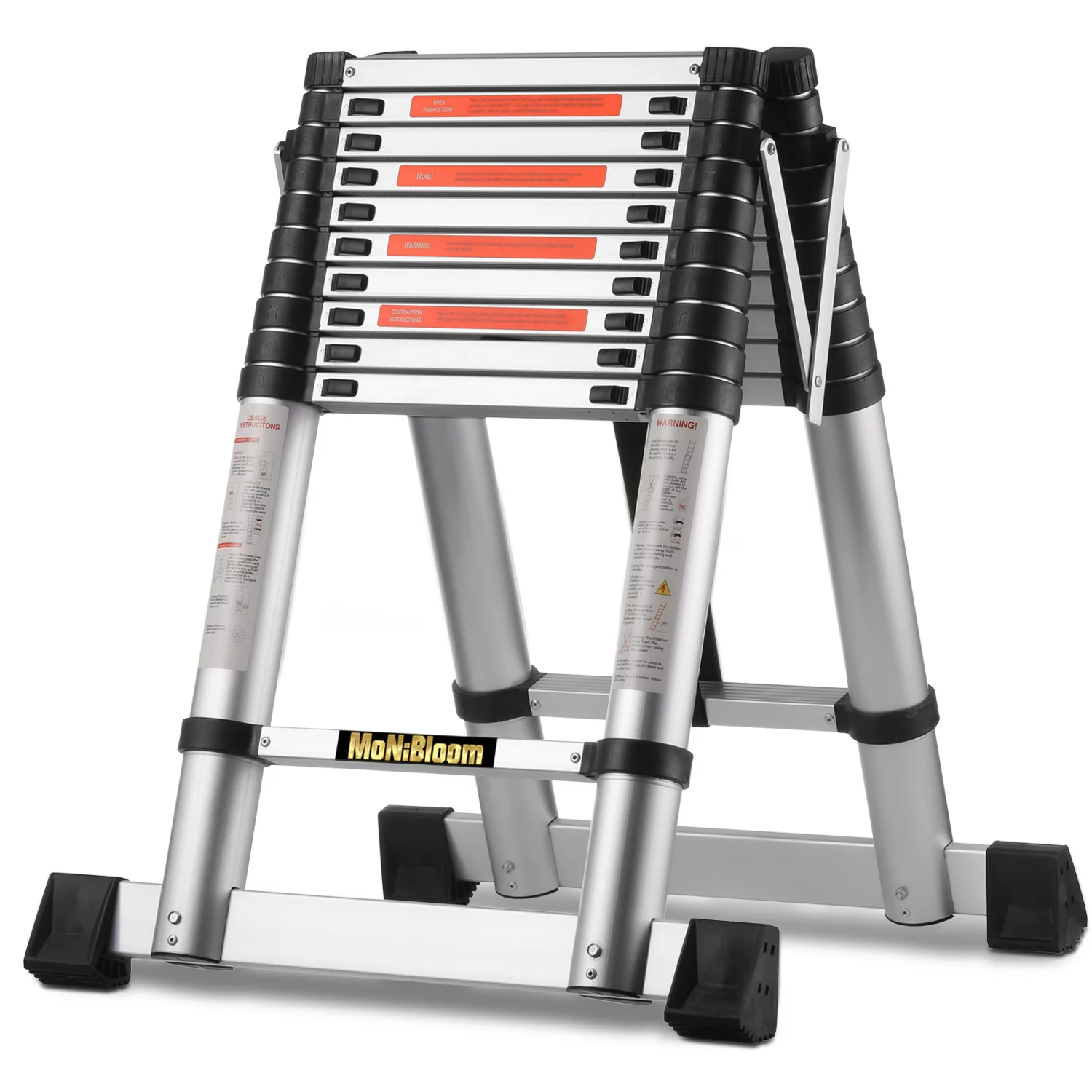 Magshion Telescoping Ladder A Frame, 10Ft Aluminum Extension Ladder, Telescopic RV Ladder with Stabilizer Bar for Household and Outdoor Working, 330lbs Capacity, Black/Silver