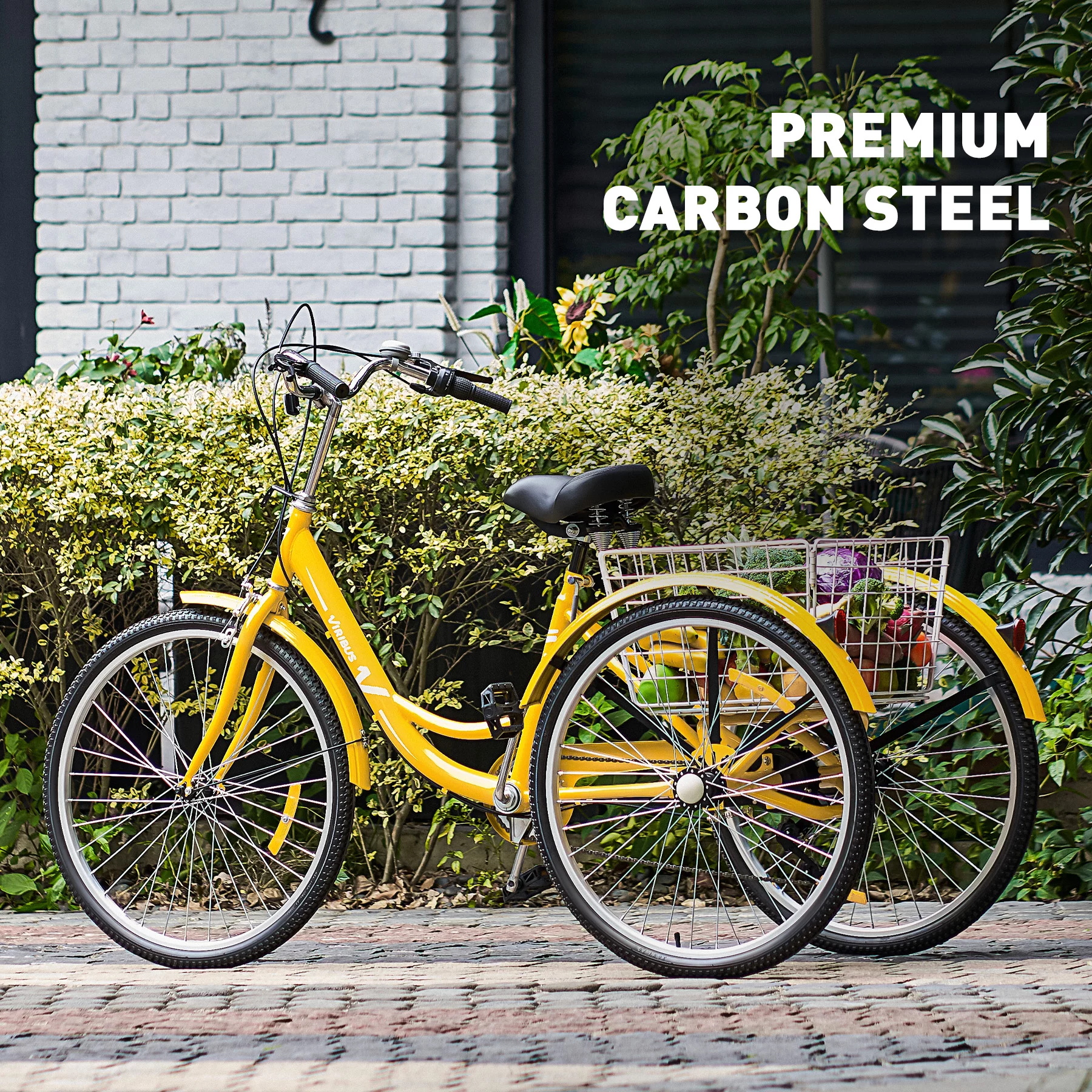 VIRIBUS 26 Inch Adult Tricycle 7 Speed 3 Wheel Cruiser Bike Trike w Rear Basket, Yellow