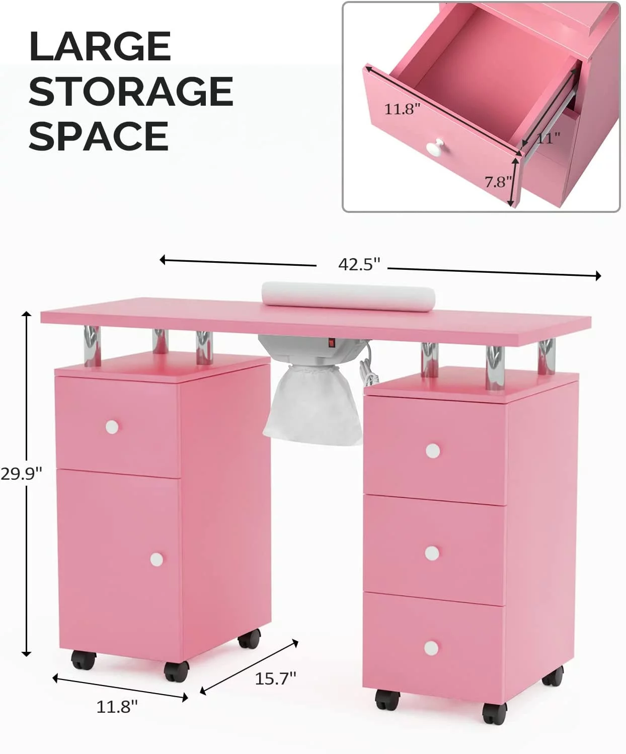 OmySalon Manicure Table Nail Desk for Nail Tech w/Electric Dust Collector & Wrist Rest, Beauty Salon Nail Supplies Decor Station Acetone Resistant w/Lockable Wheels, Cabinet, Drawer