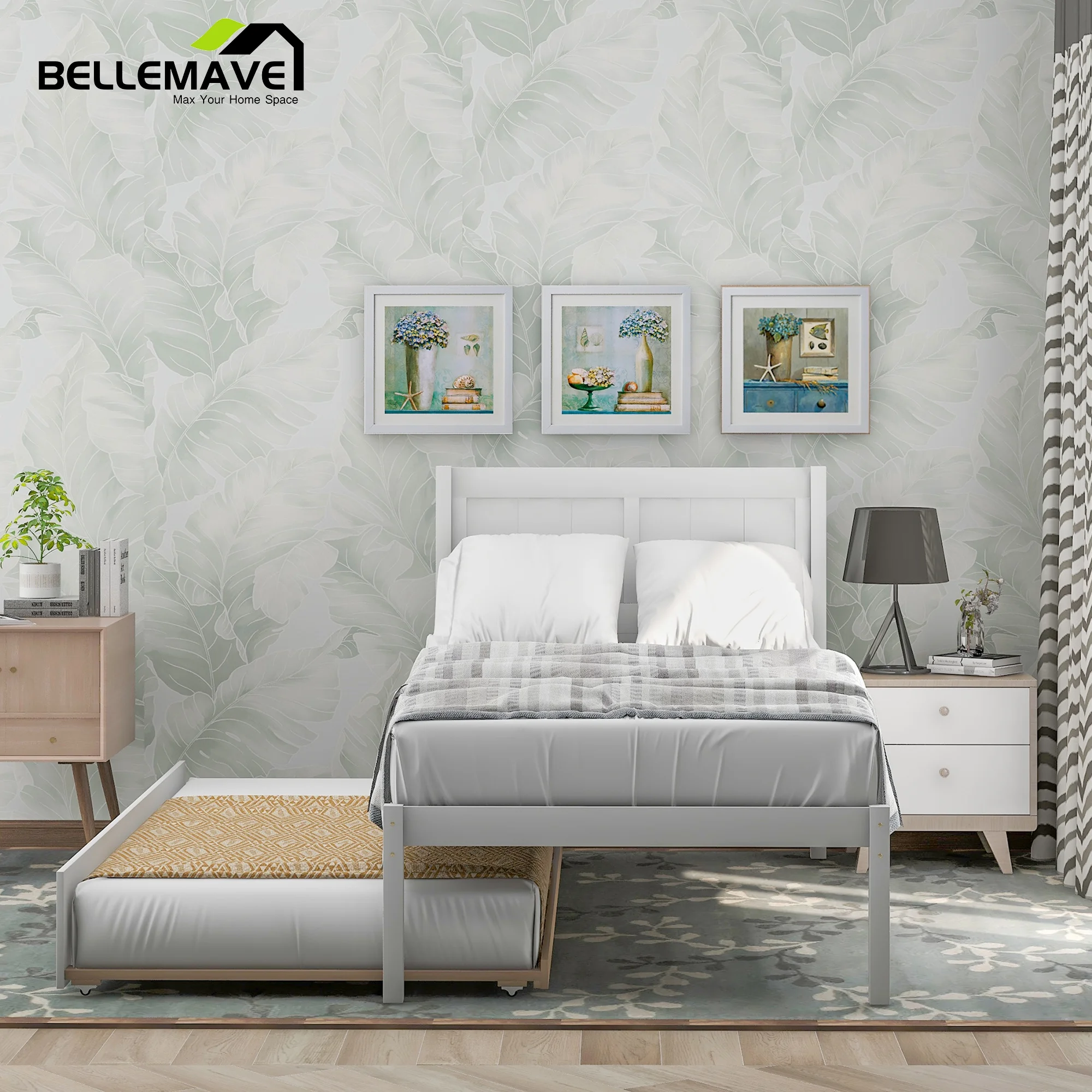 Wood Platform Bed Twin Size, Twin Bed Frames with Trundle Bed, Kids Bed Frame with Headboard and Slats, No Box Spring Needed(White)