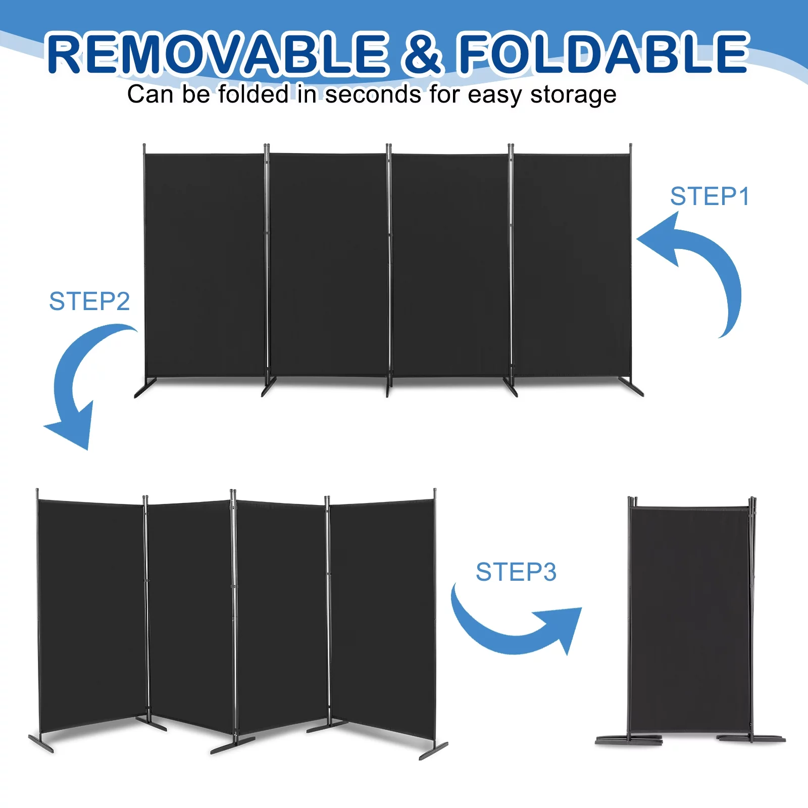 MDHAND 4-Panel Room Divider, 6 Ft Weave Fiber Folding Privacy Screen w/ Carbon Steel Frame, Black