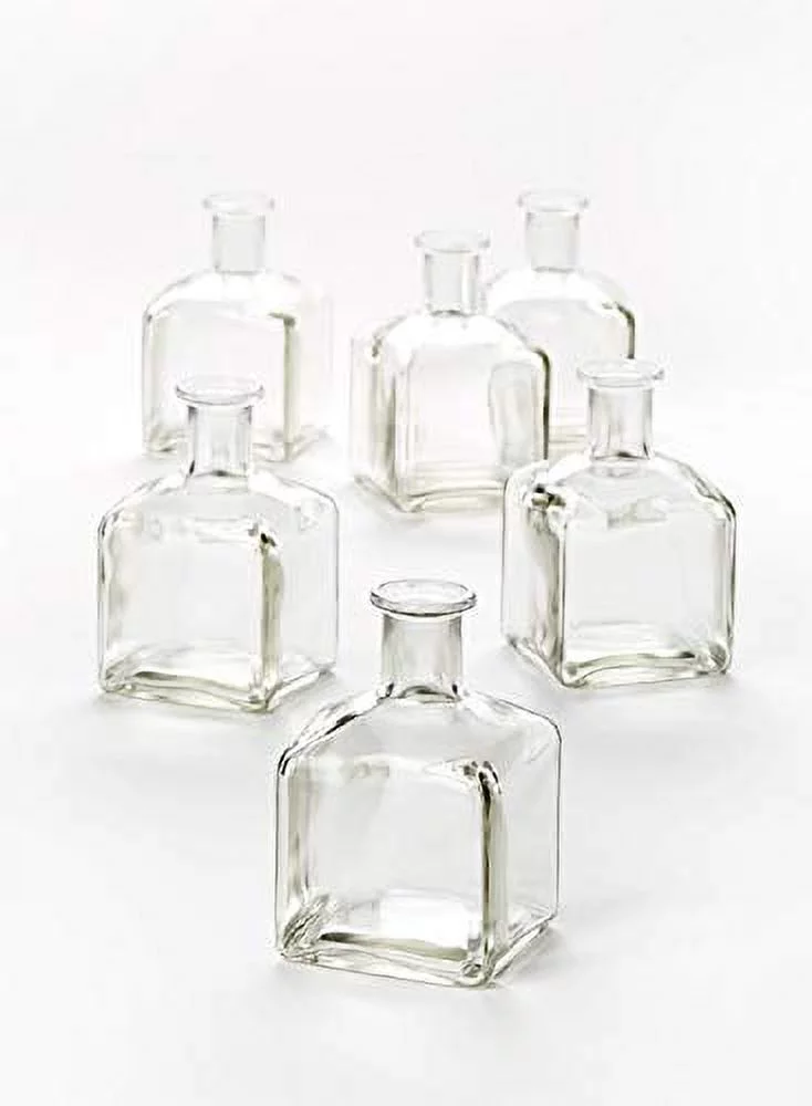 Serene Spaces Living Glass Bottle Bud Vases Set of 6, Vintage Square Bottle Style - Elegant Vases, 4.5