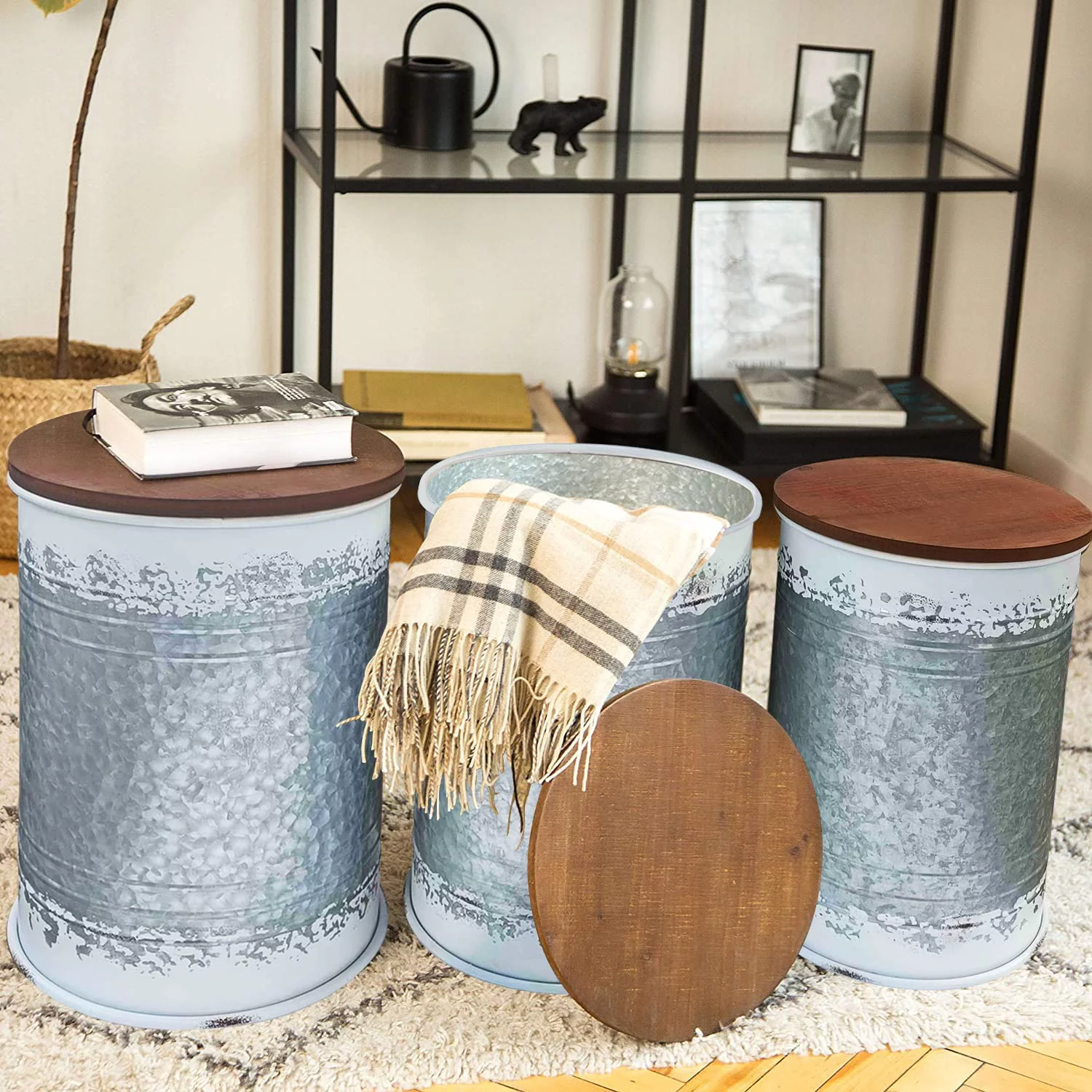 Hallops Farmhouse Accent Side Table - Galvanized Rustic End Table. Metal Storage Bin Wood