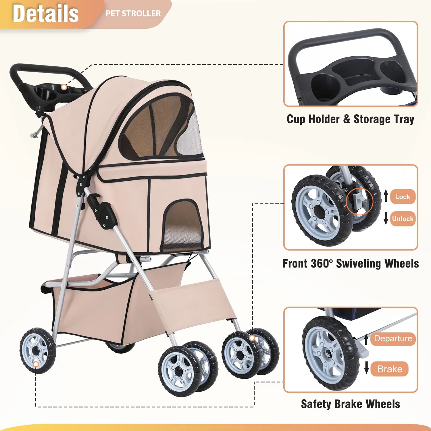 BestPet Pet Stroller Cat Dog Cage Stroller Travel Folding Carrier,Beige