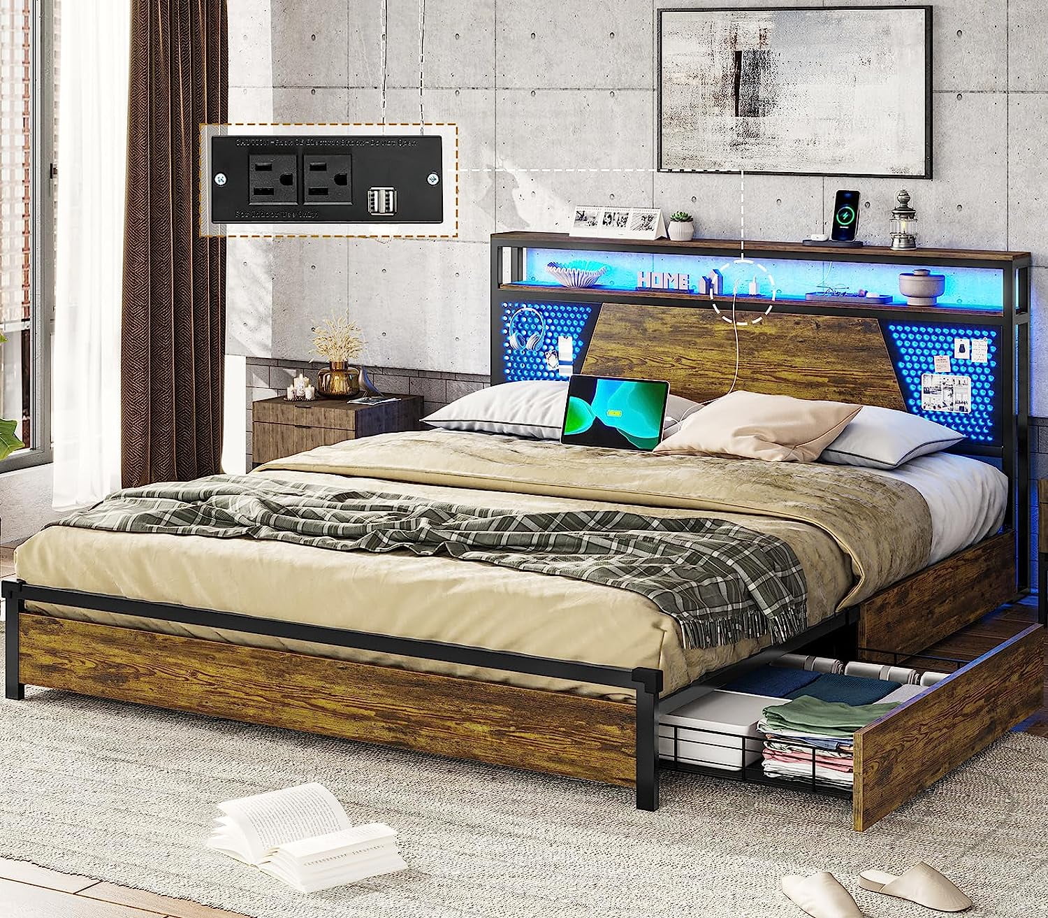 LED Bed Frame with Charging Station,Full Size Metal Platform Bed Frame with LED Lights&4 Drawers&USB Ports,No Box Spring Needed, Rustic Brown