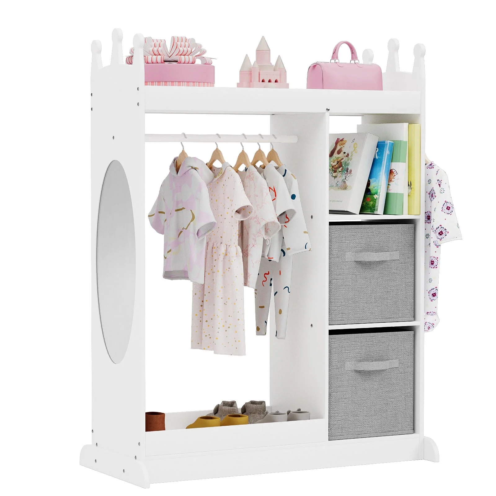 KORIMEFA Kids Dress up Storage with Mirror, 2 Storage Bins & Cloth Hanger, Kids Play Armoire Dresser Pretend Storage Closet for Bedroom, Kids Room, Playroom