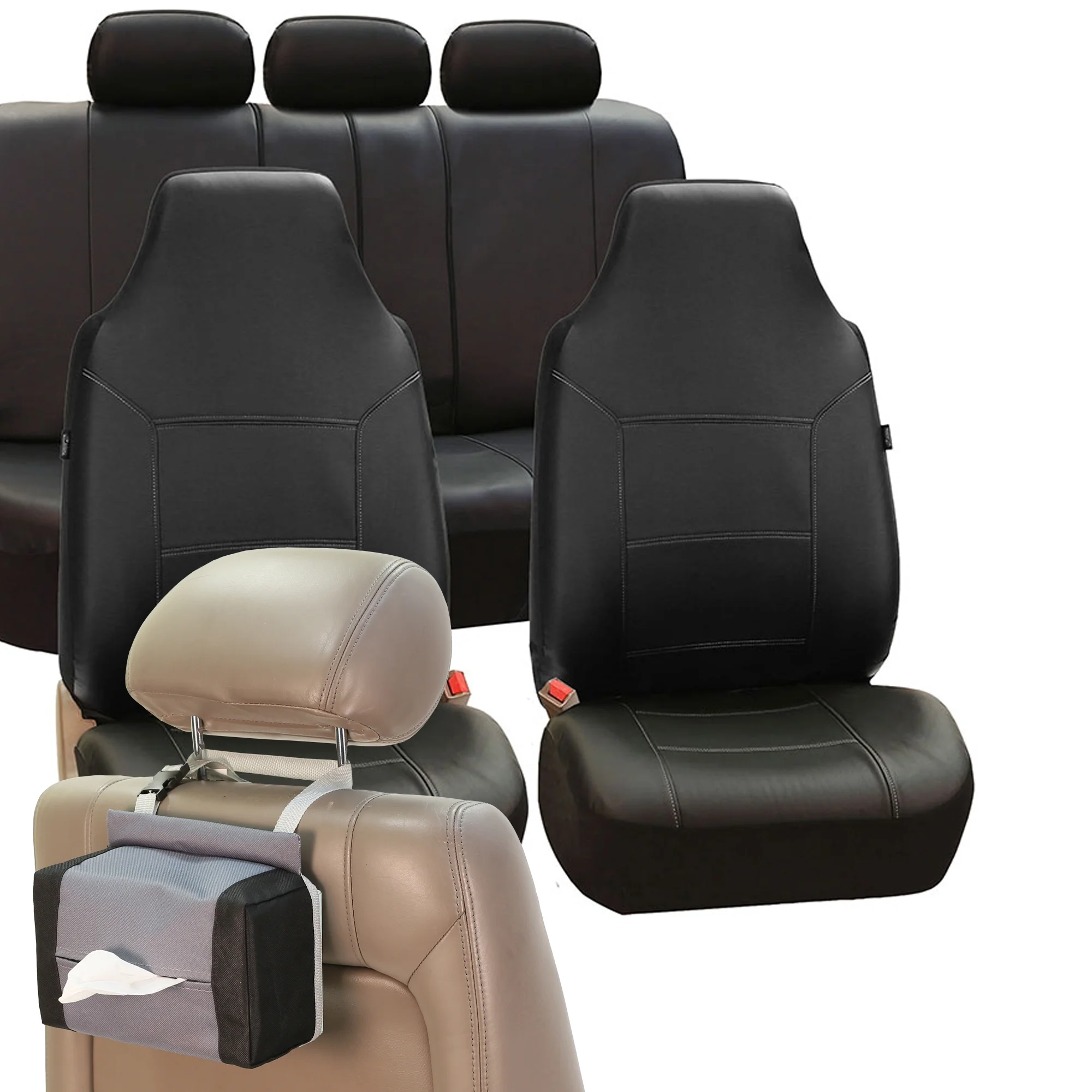 FH Group Royal Leather Car Seat Covers for Highback Seat Auto, Full Seat Covers Set with Tissue Dispenser, Black