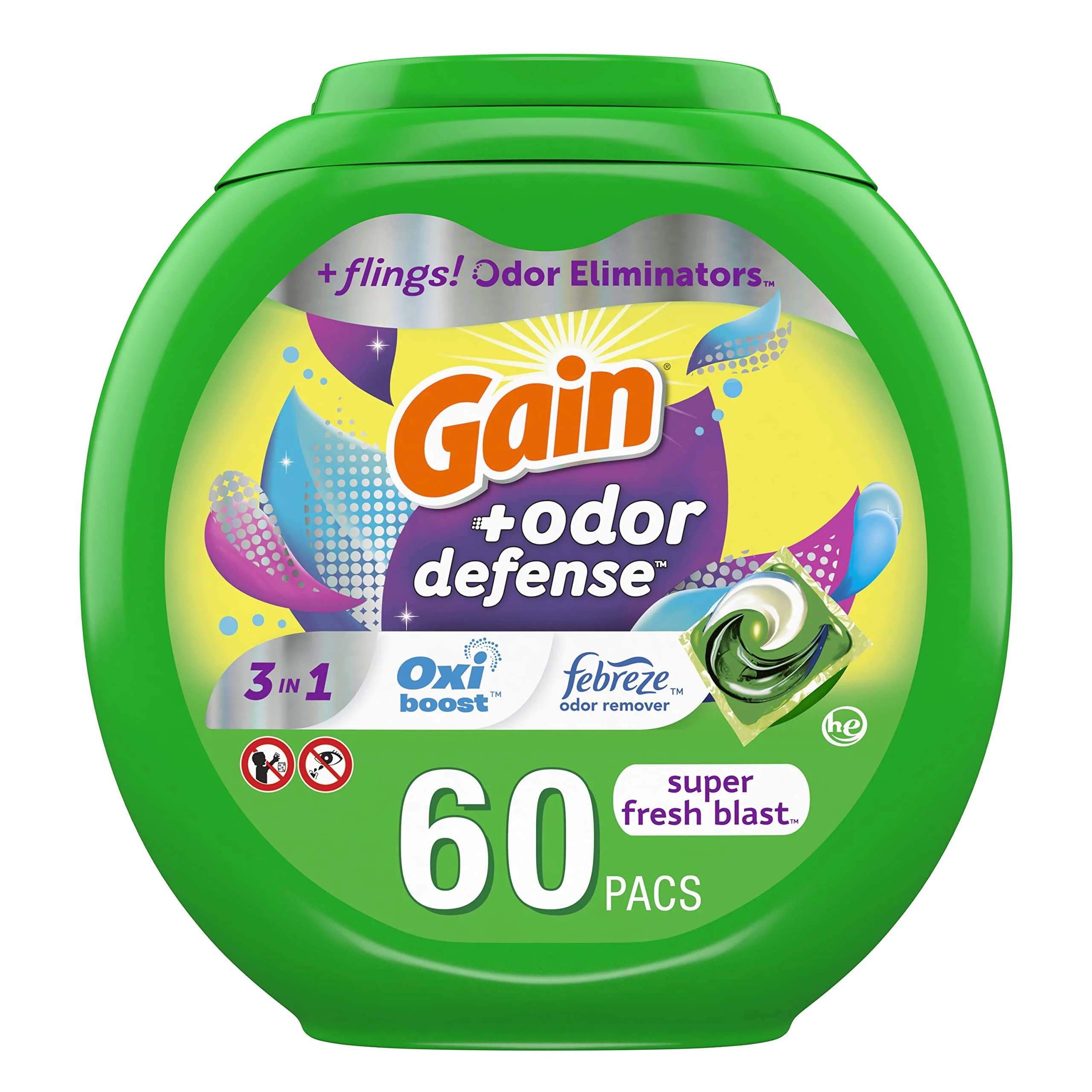 Gain Flings Laundry Detergent Pacs With Odor Defense 60 Ct Super Fresh He 3In1 Detergent Pacs With Febreze And Oxi