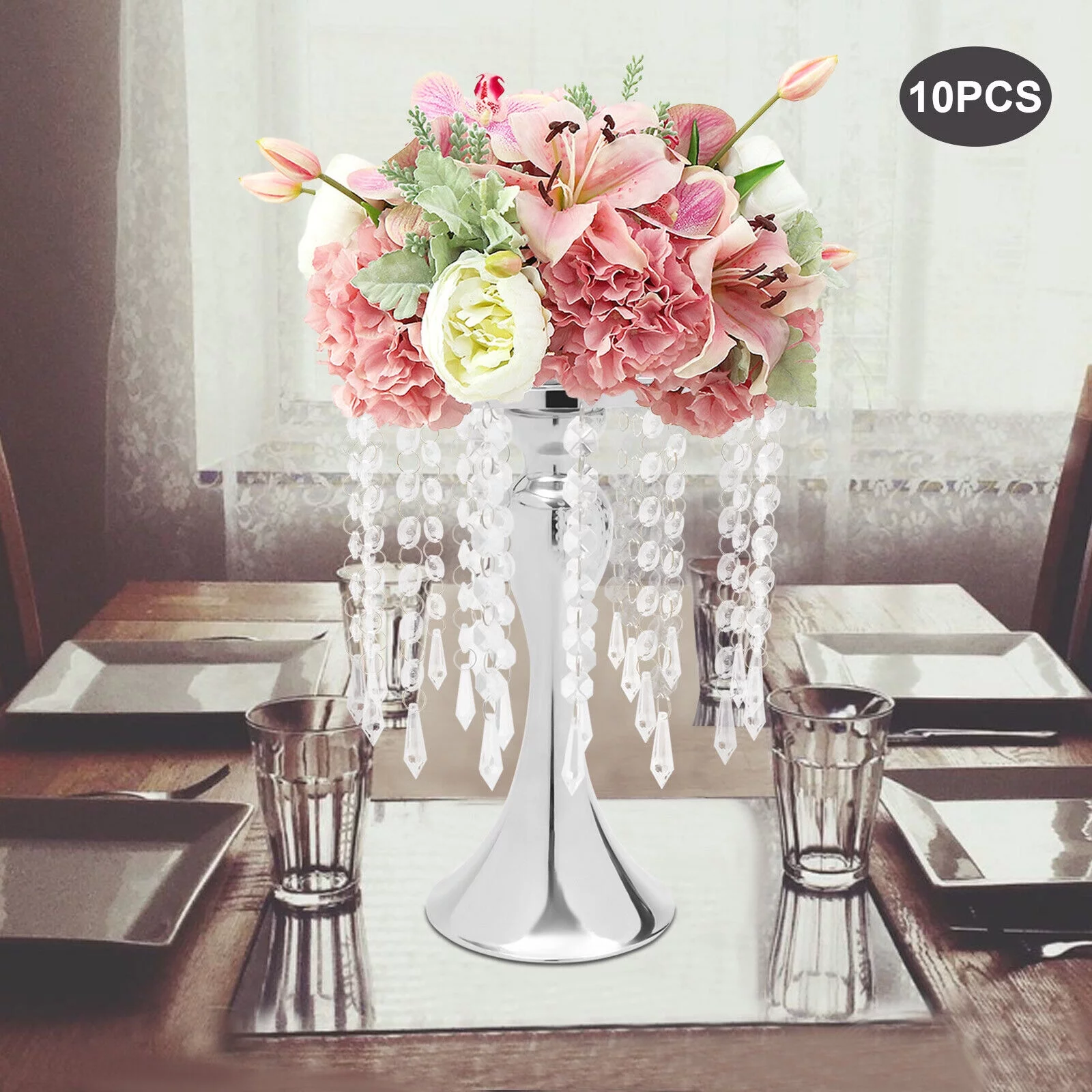 Silver Metal Flower Vases Crystal Flower Stand Wedding Centerpieces Party 10pcs