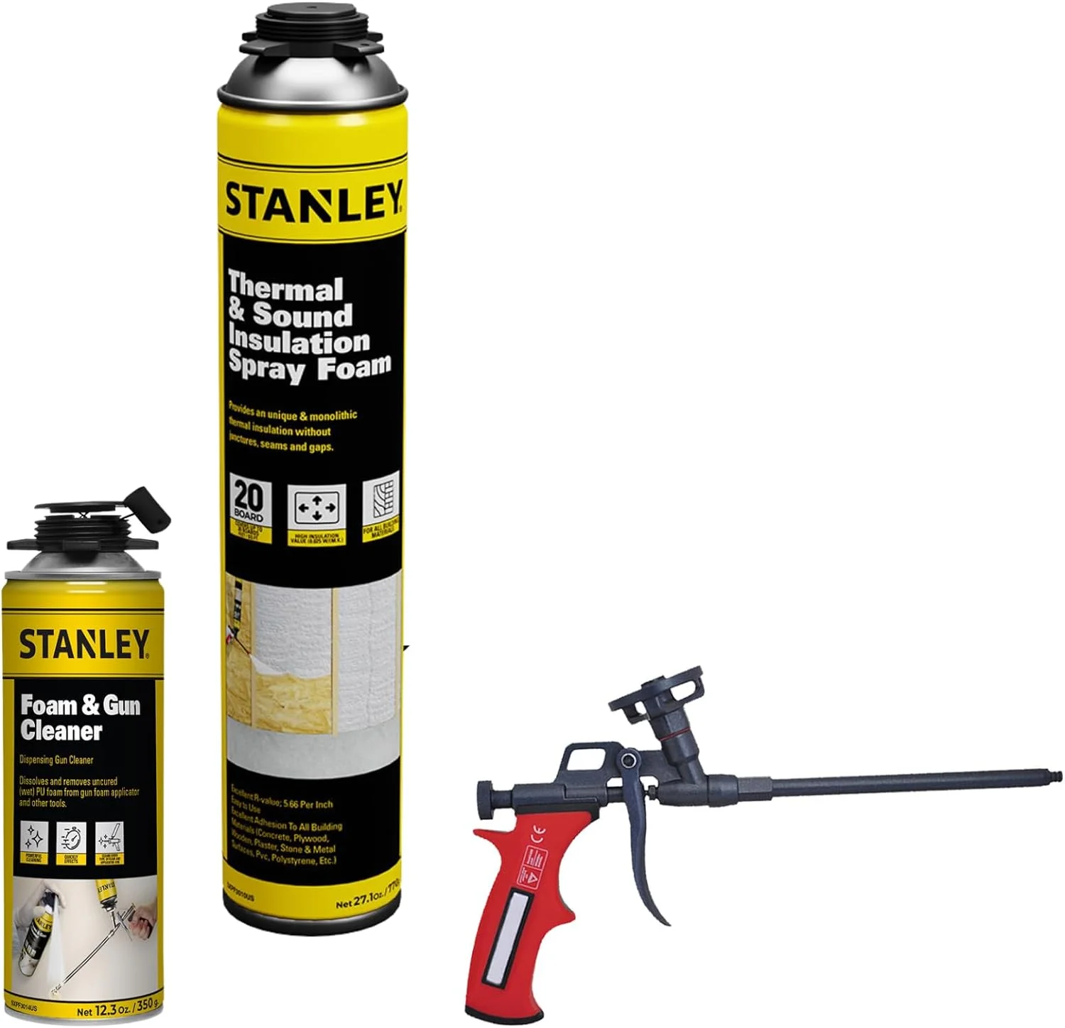 Stanley Supercoat Spray Foam Insulation Kit - Closed Cell Spray Foam Covers up to 20 Board feet. - Including Gun, Cleaner - 27.1 oz, 1 Pack + Cleaner + Spray Gun