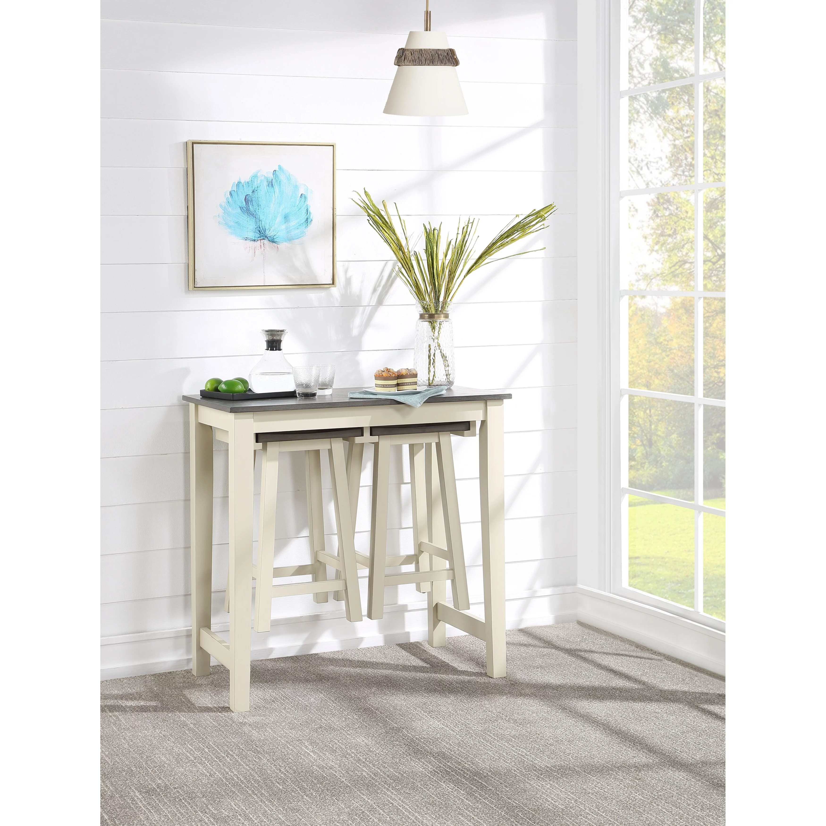 ACME Yobanna 3 Piece Counter Height Set in Gray Oak and Antique White Finish