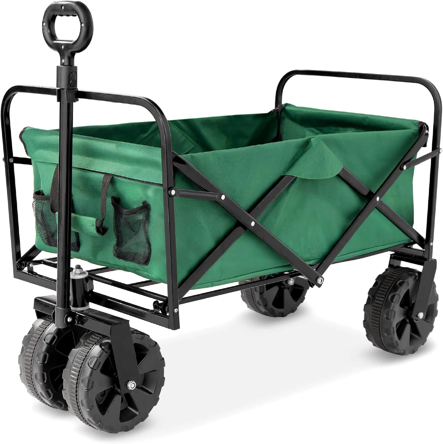 36in Collapsible Folding Utility Wagon, Multipurpose Indoor Outdoor Mobile Cart for Garden, Beach, Park, Shopping w/ 360-Degree Wheels, Adjustable Handle, 150lb Capacity - Green