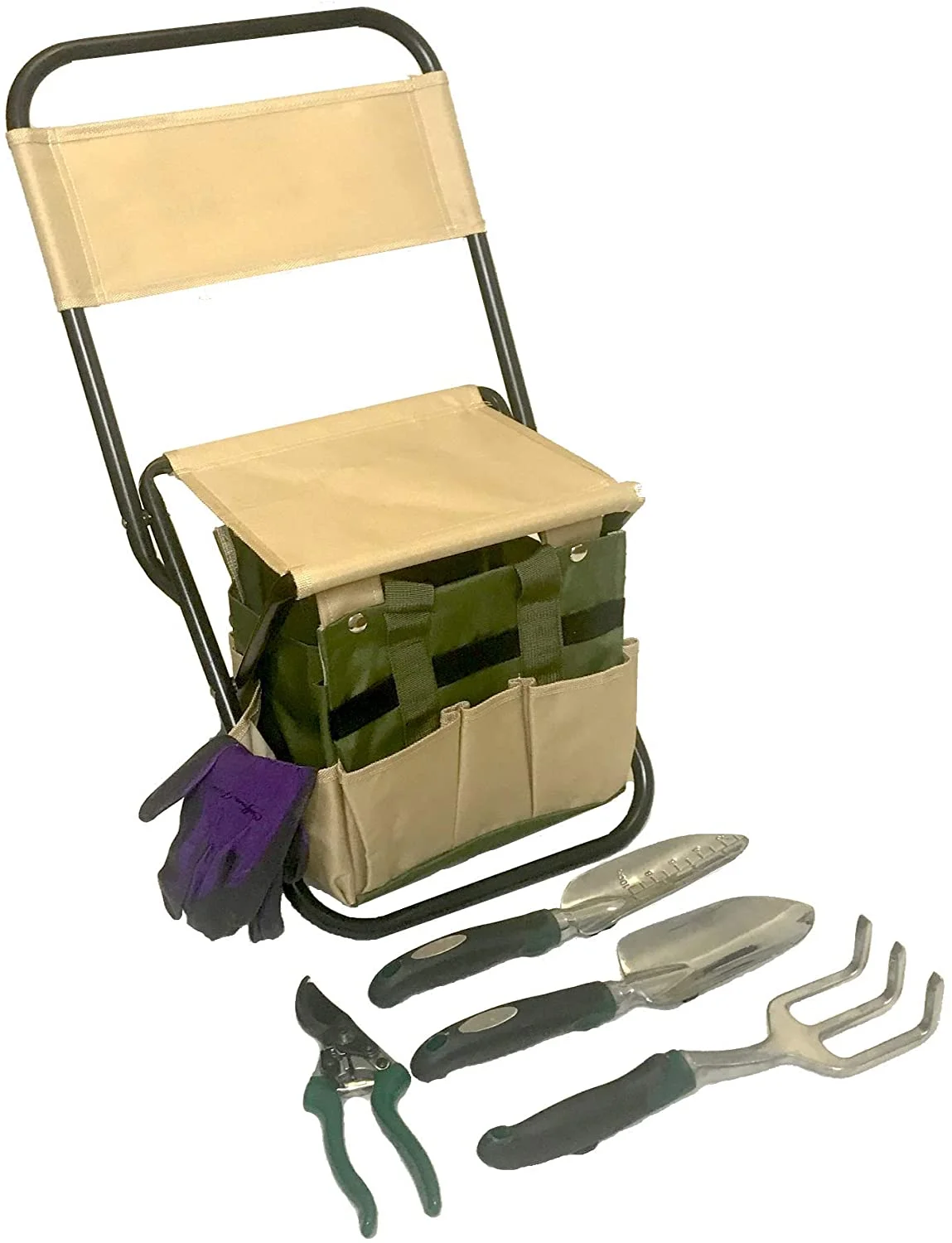 Garden Tool Set Organizer | Garden Seat Folding Stool Gardening Chair Kneeler with Backing | Gardener Bag | Gardening Tools Set | Top Gardening Gifts for Mom and Dad Includes Aluminum Tools
