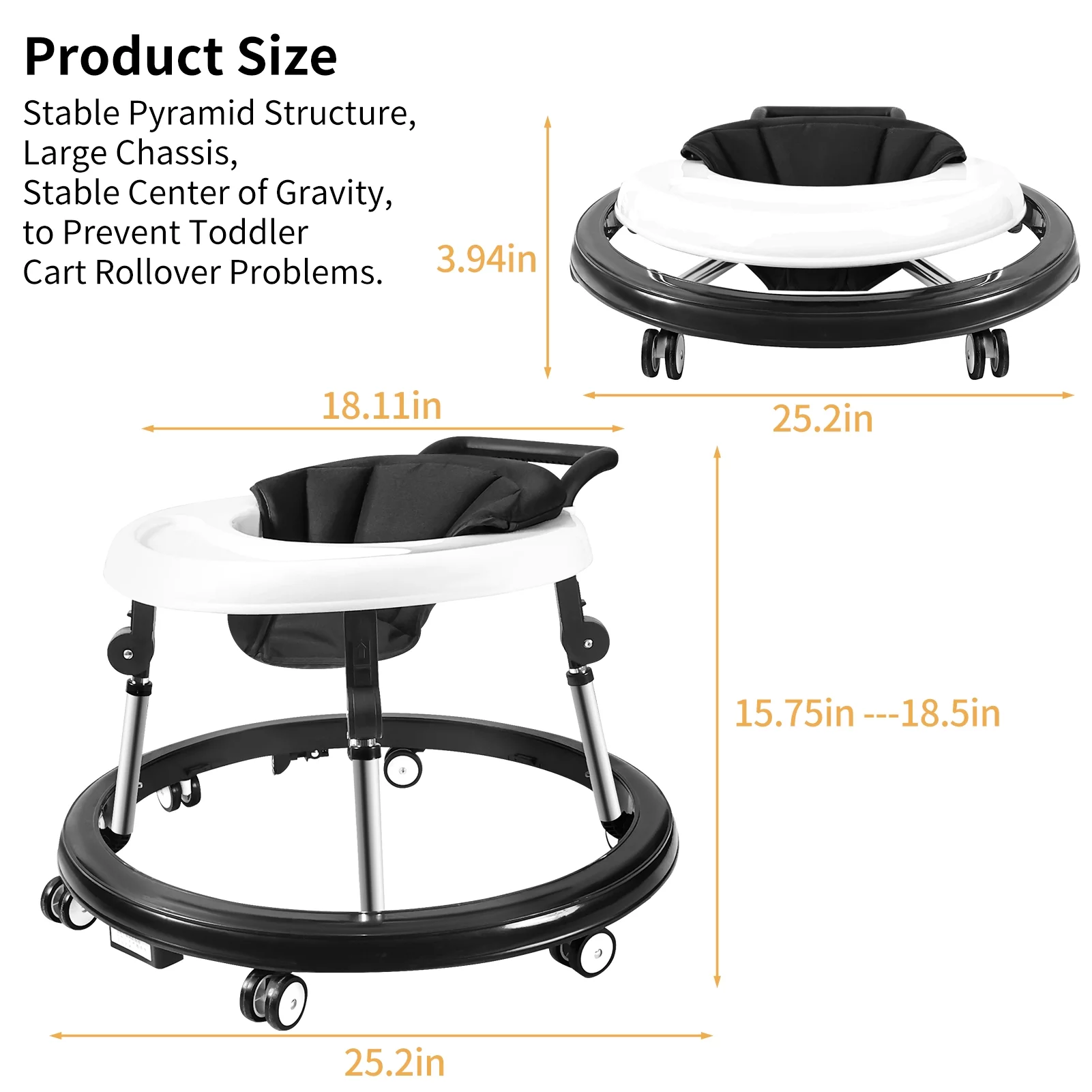 Baby Walker, Baby Walker with Wheels, Foldable 9-Gear Height Adjustable, Baby Walkers and Activity Center with Foot Pads/Mute Wheels, Baby Walkers for Baby Boys and Baby Girls 6-24 Months