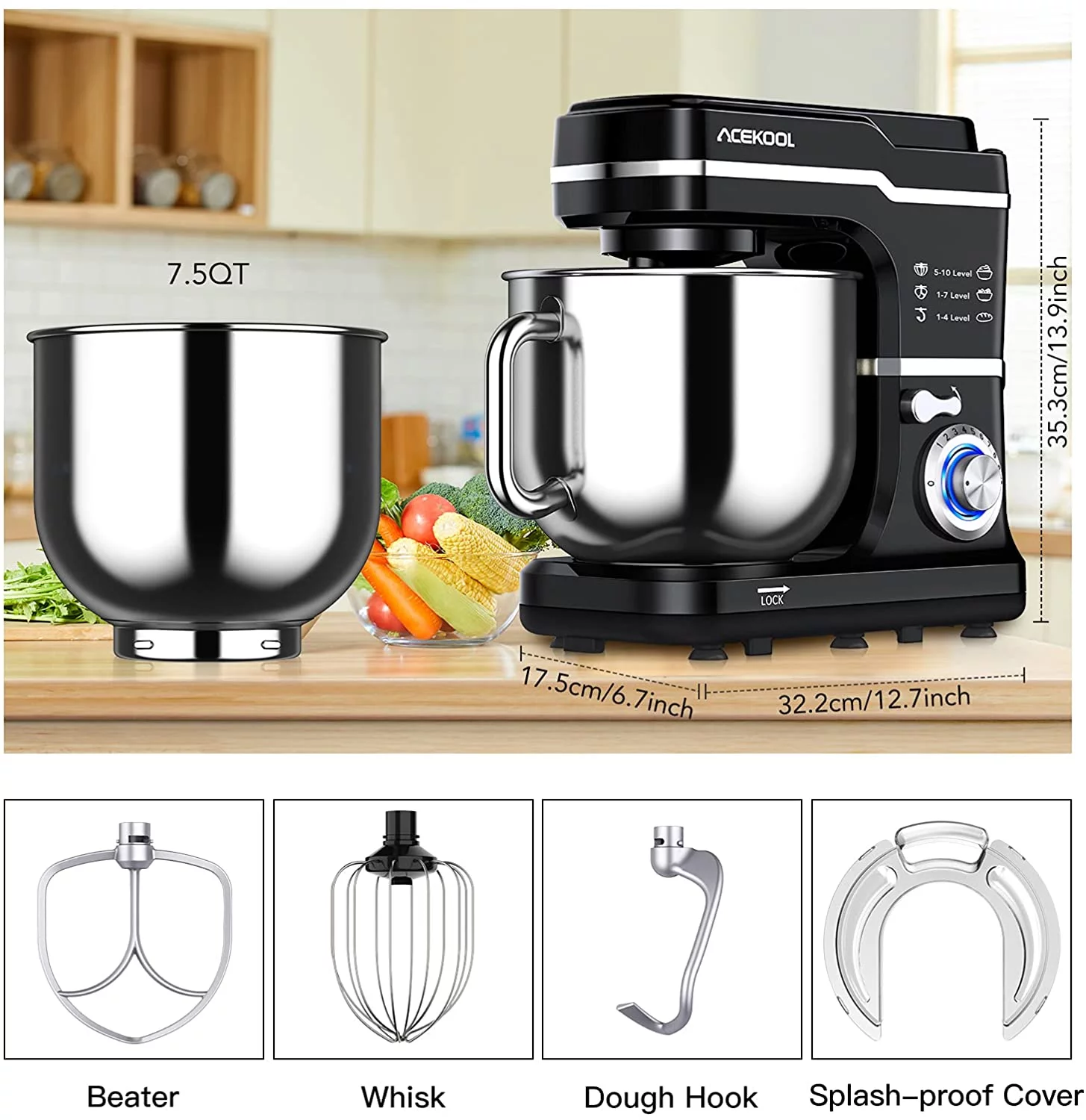 Stand Mixer, 7.5QT 660W Electric Dough Mixer, Kitchen 10-Speed Tilt-Head Food Mixer for Baking&Cake, with Stainless Steel Bowl, Whisk, Dough Hook, Beater, Splash Guard(RED) MC1