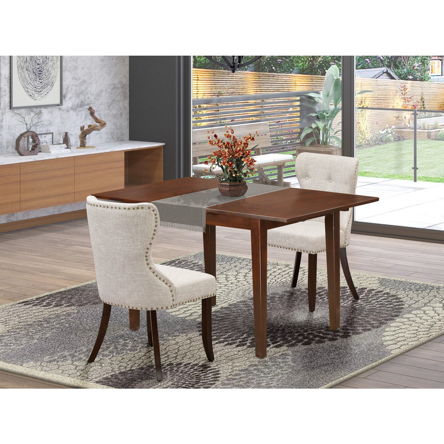 East West Furniture Picasso 3-piece Wood Dining Room Set in Mahogany