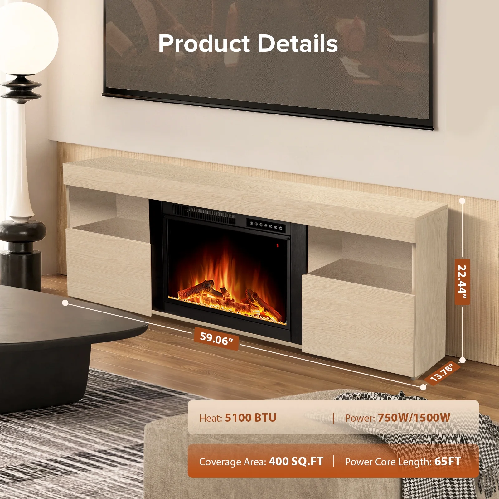 LHRIVER Free Standing Fireplace, Remote Control, 60'', Electric Fireplace Mantel, Adjustable Real 3D Flame Brightness （LIGHTOAK）