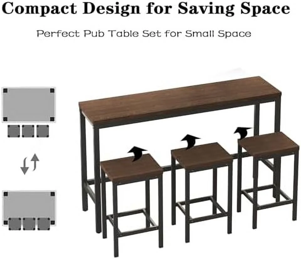TJUNBOLIFE 4-Piece Pub Table Set  Counter Height Extra Long Dining Table Set with 3 Stools  Pub Kitchen Set  with Footrest  Wood Pub  Table Set Perfect for Breakfast Nook (Gray  1+3)