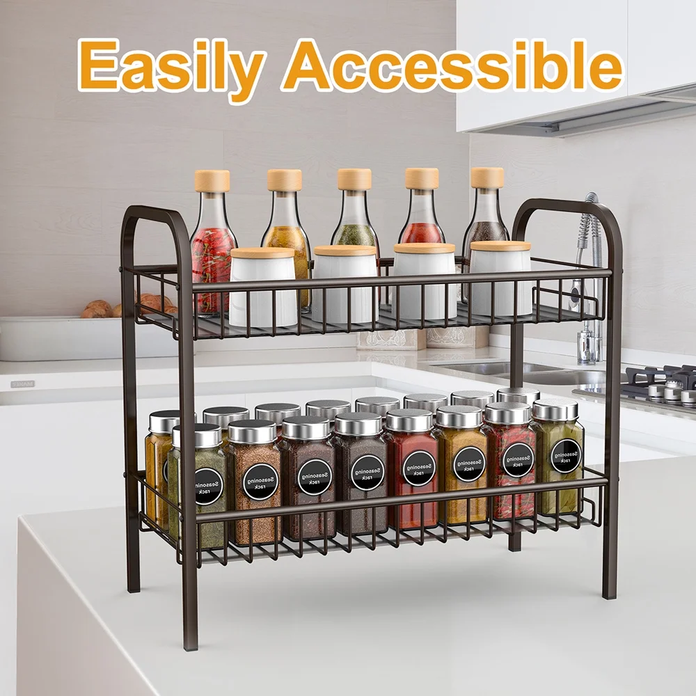 Spice Rack Organizer for Cabinet Countertop, 2 Tier Freestanding Metal Kitchen Storage with Shelf Liner for Kitchen Cabinet Bathroom Pantry Office