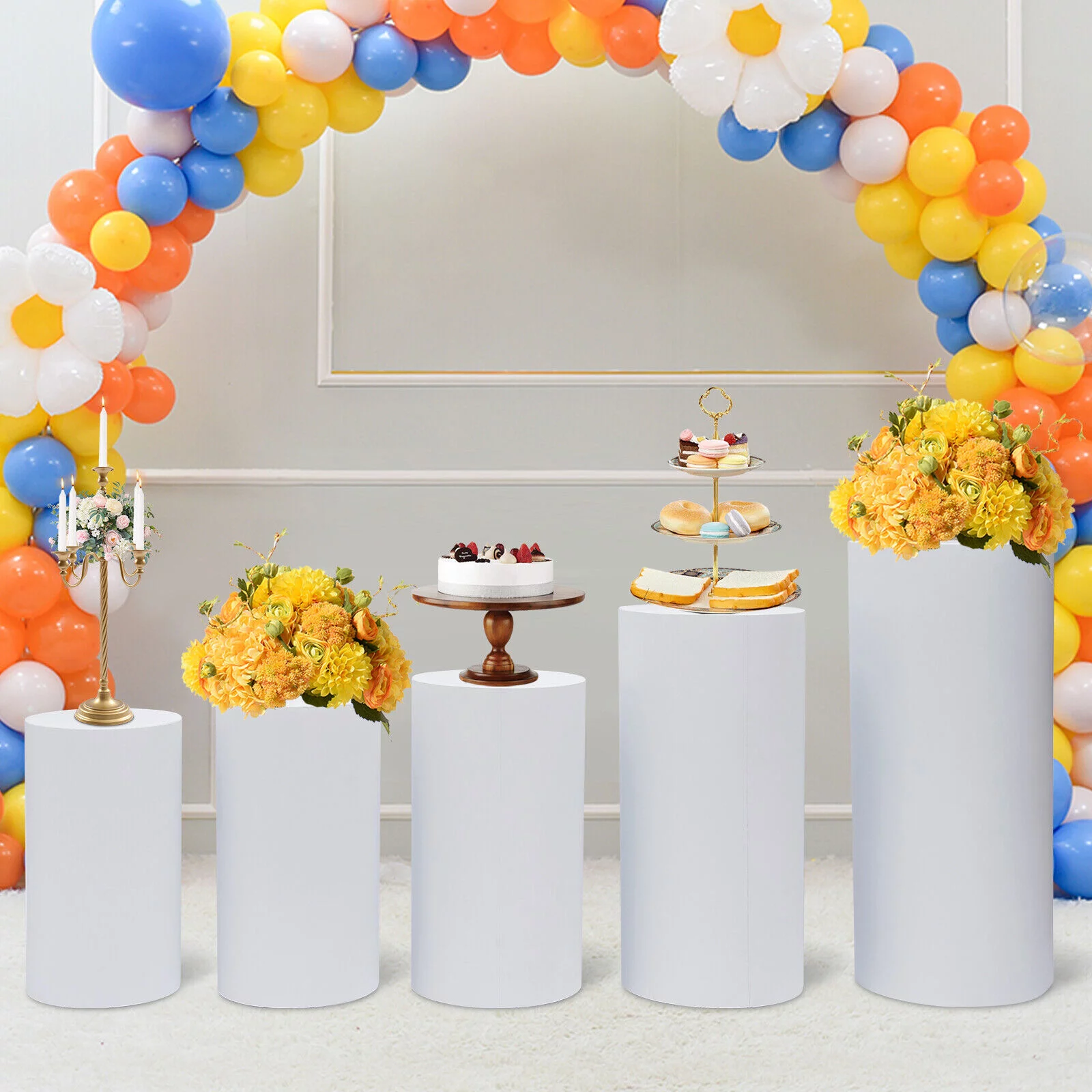 Miumaeov 5Pcs Round Cake Stand Wedding Backdrop Flower Stand Centrepieces Cylinder Pedestal Display Stand