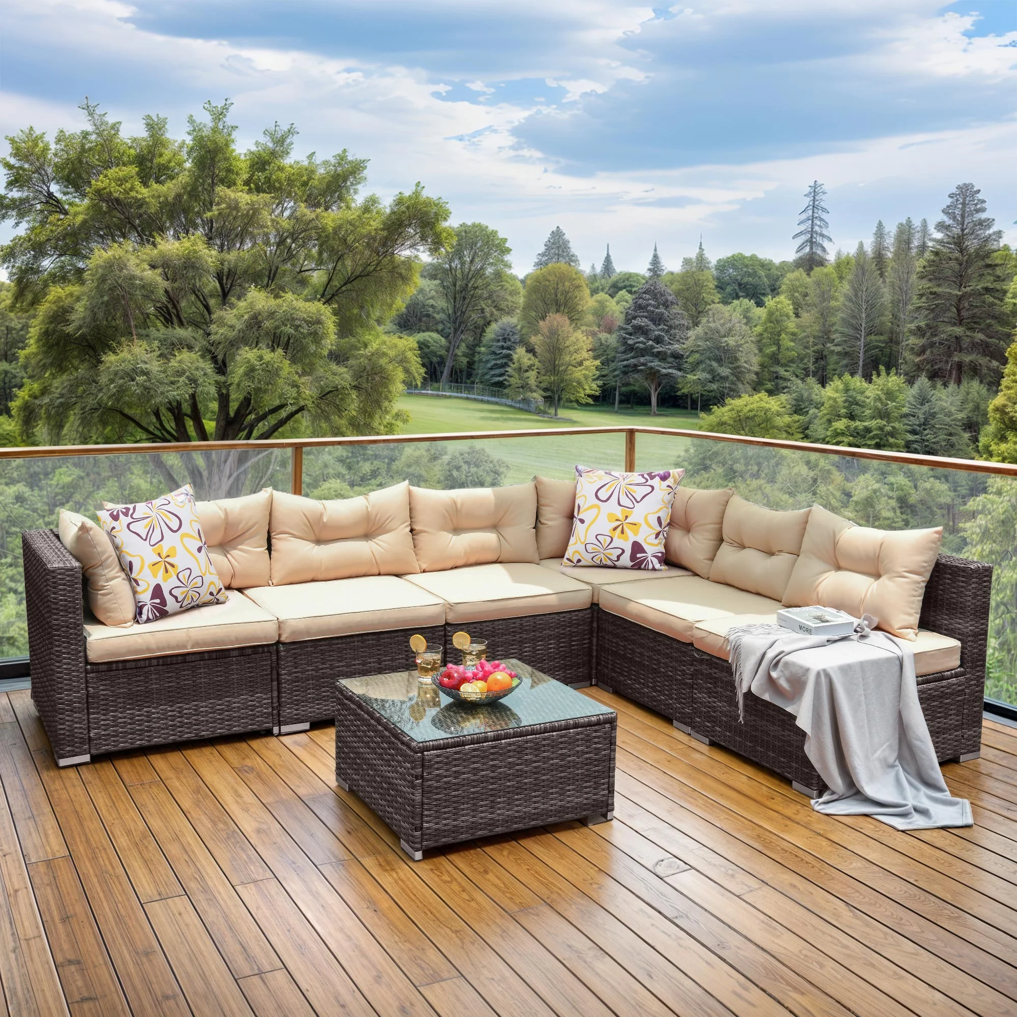 ModFusion 7-Piece Outdoor Patio Wicker Furniture Set, All-Weather Sectional Conversation Waterproof Sofa and Rattan Table, Dark Beige