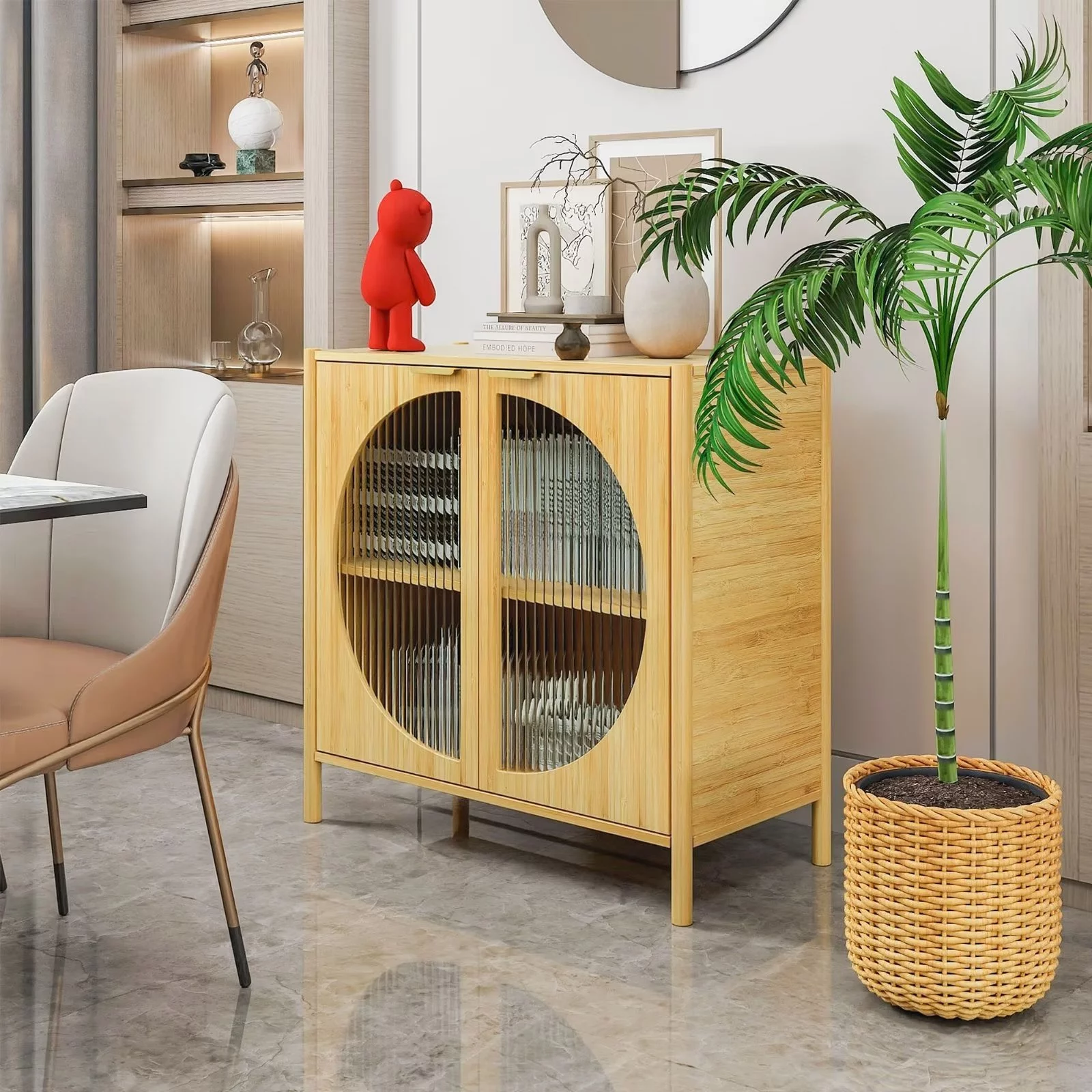 HIUU Natural Bamboo Sideboard with Glass Doors,Accent Cabinets,Small Living Room Cabinets,Buffet Cabinets