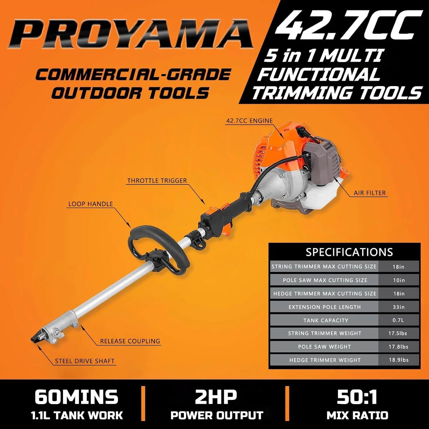 PROYAMA Powerful 42.7cc 5 in 1 Multi functional Trimming Tools,Gas Hedge Trimmer,Weed Eater,String Trimmer, Brush Cutter,Pole Saw with Extension Pole
