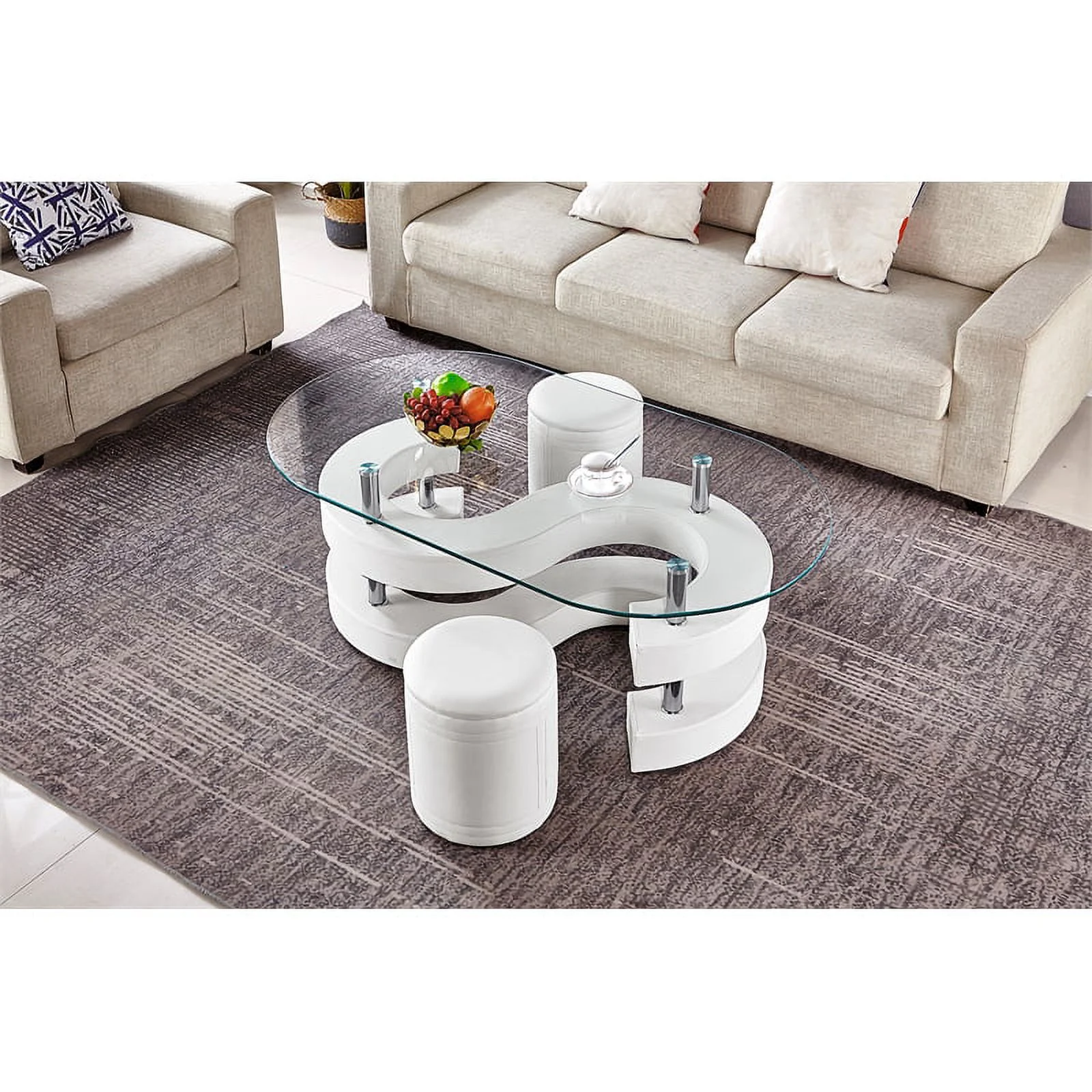 Artisan Furniture Shadarev Oval Tempered Glass Coffee Table With Stools in White