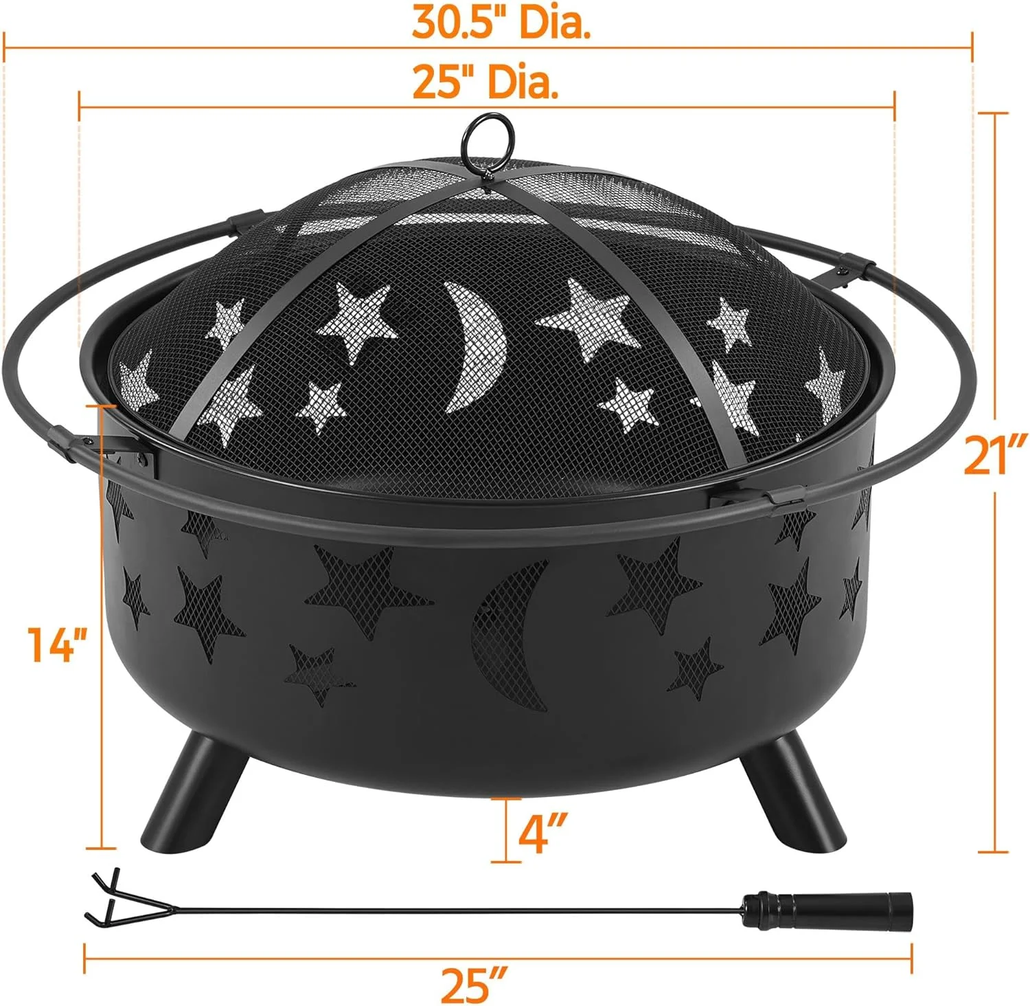 Topeakmart 30 Inch Backyard Fire Pit Iron Brazier Wood Burning Coal with Sky Stars and Moons Pit Fire Bowl Stove for Outside Camping Patio Garden Black