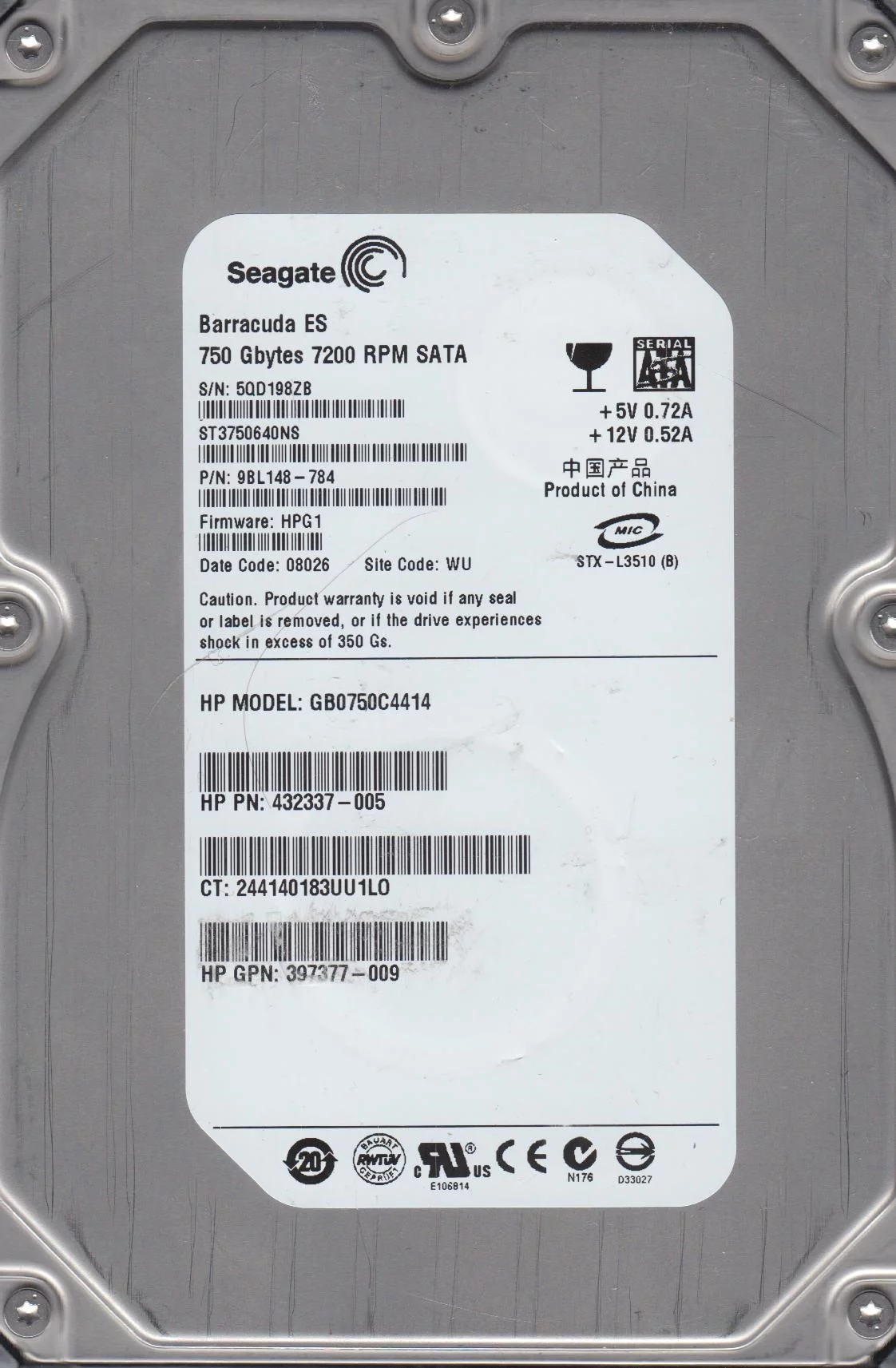 ST3750640NS, 5QD, WU, PN 9BL148-784, FW HPG1, Seagate 750GB SATA 3.5 Hard Drive