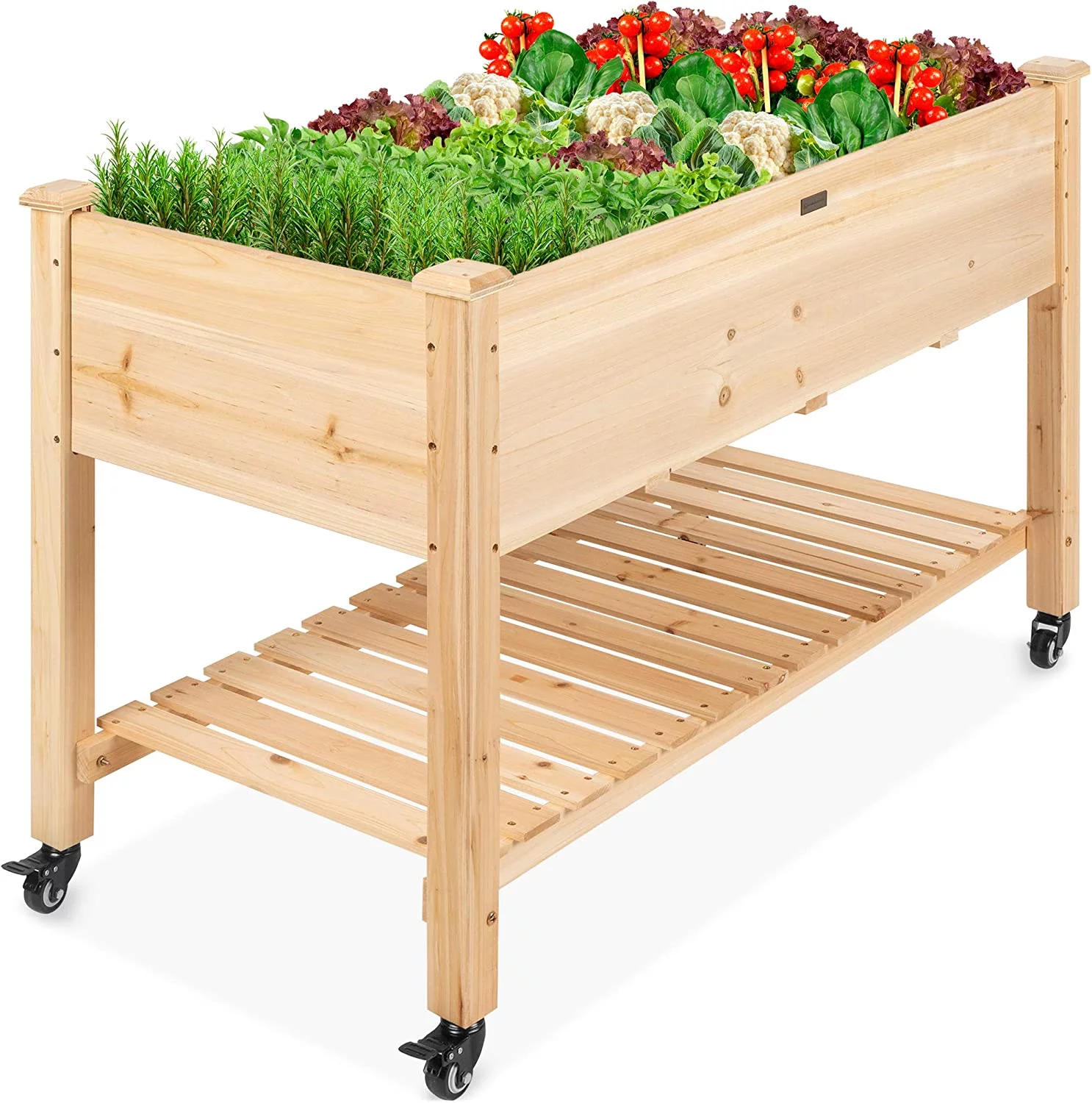Products Raised Garden Bed 48x24x32-inch Mobile Elevated Wood Planter w/Lockable Wheels, Storage Shelf, Protective Liner - Natural