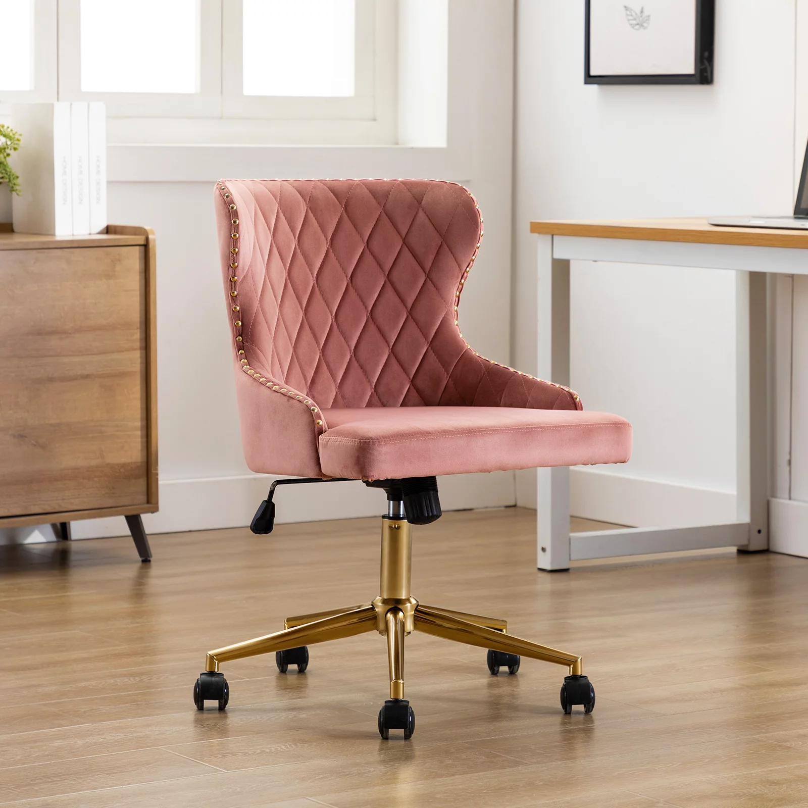 Duhome Office Chair Task Chair Velvet with Studs Pink 1 Pcs