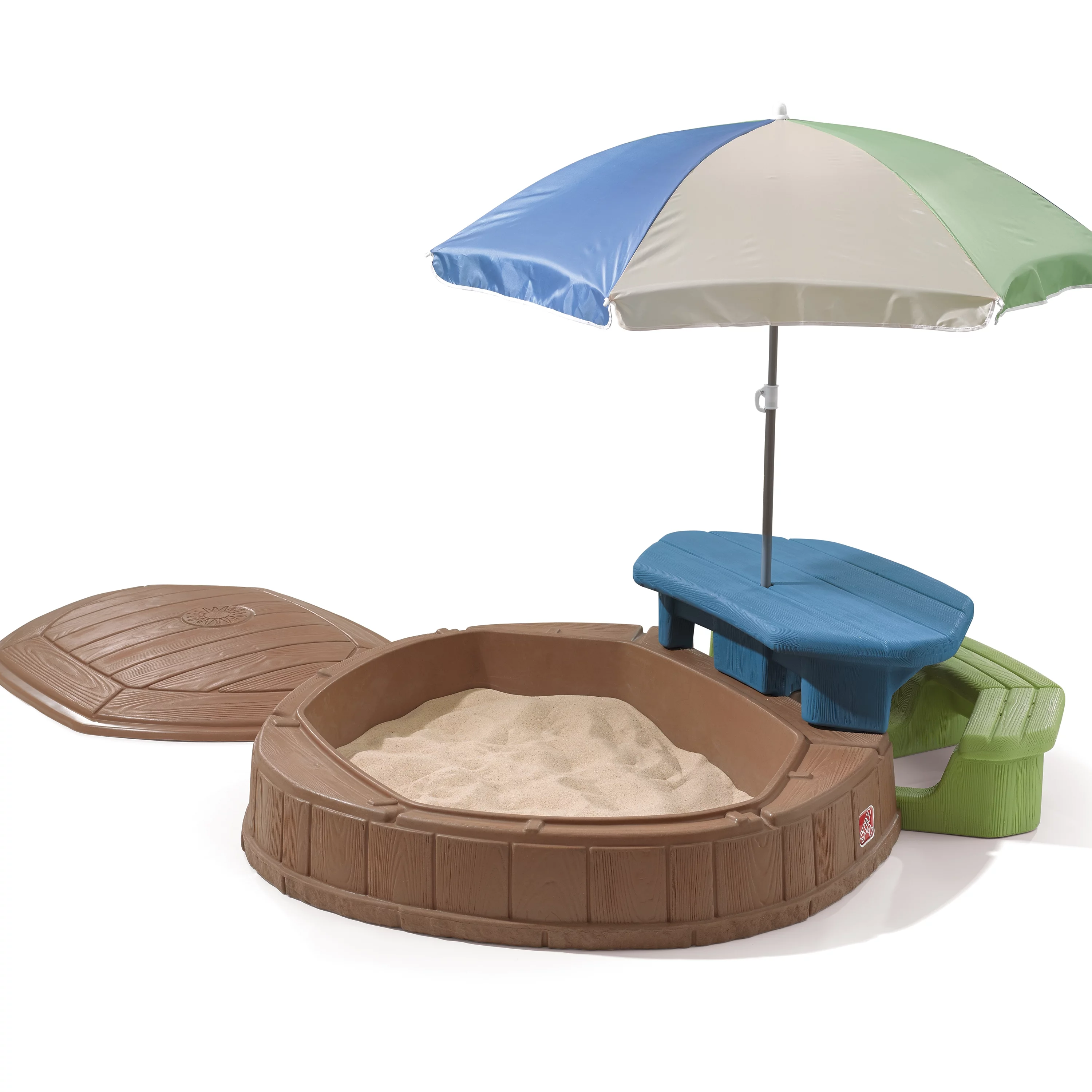 Step2 Summertime Play Center and Brown Plastic Sandbox for Kids with Cover Picnic Table and Umbrella
