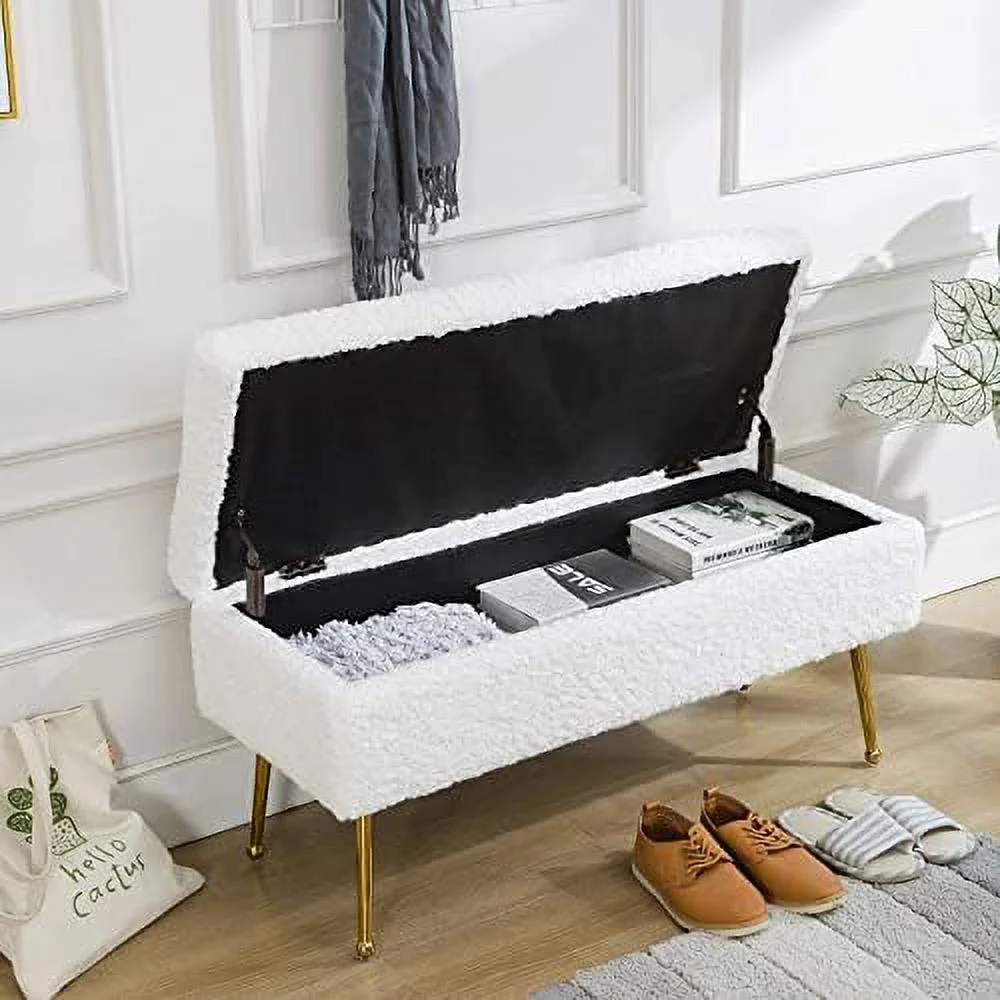 YPDCHB White  Entryway Bench  Fuzzy Faux Fur Upholstered  for Bedroom End of Bed Modern Bench Seat with Gold Legs for Entryway Vanity Living Room (Ivory White)