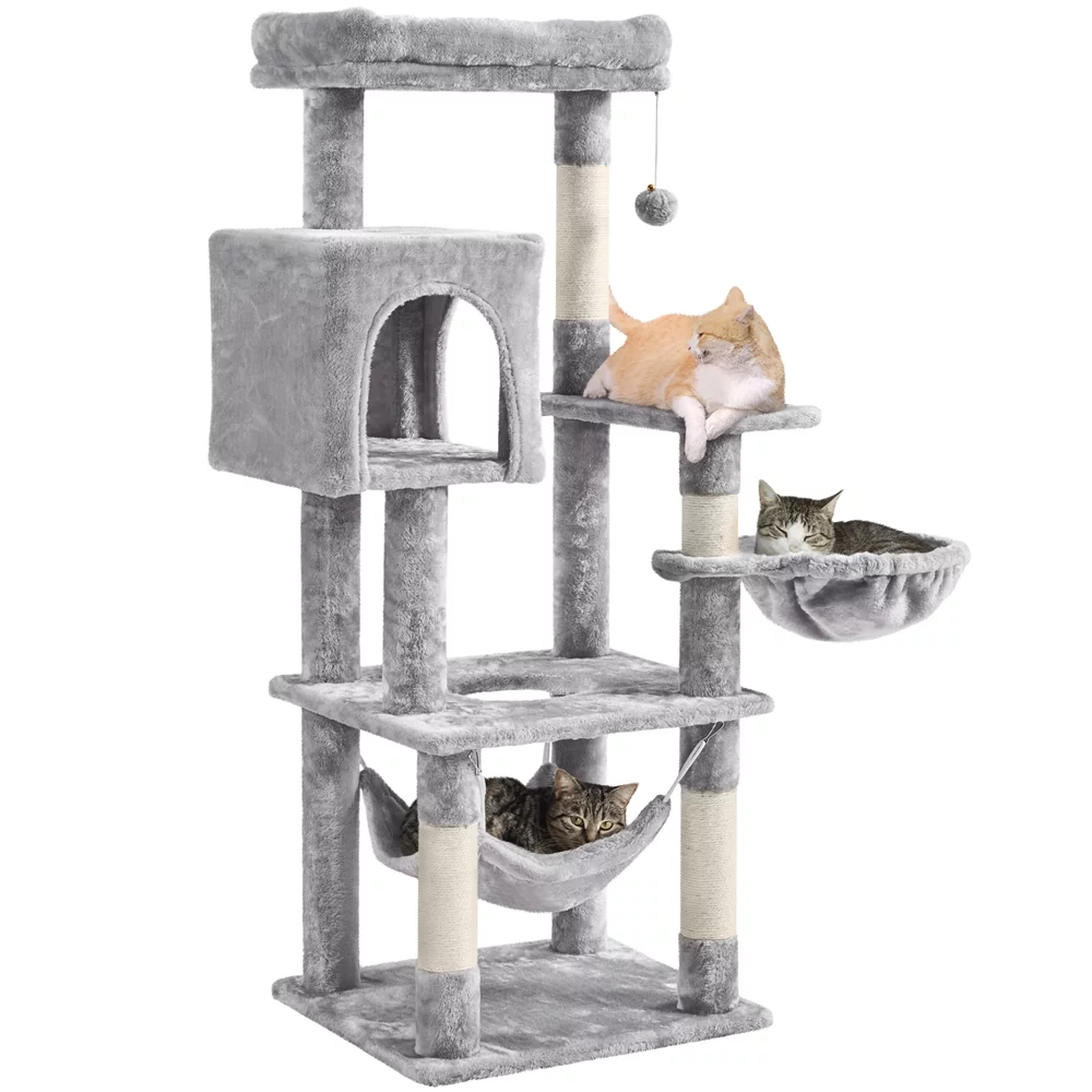 Topeakmart 52in Multilevel Cat Tree Condo Scratching Posts with Basket Hammock, Light Gray
