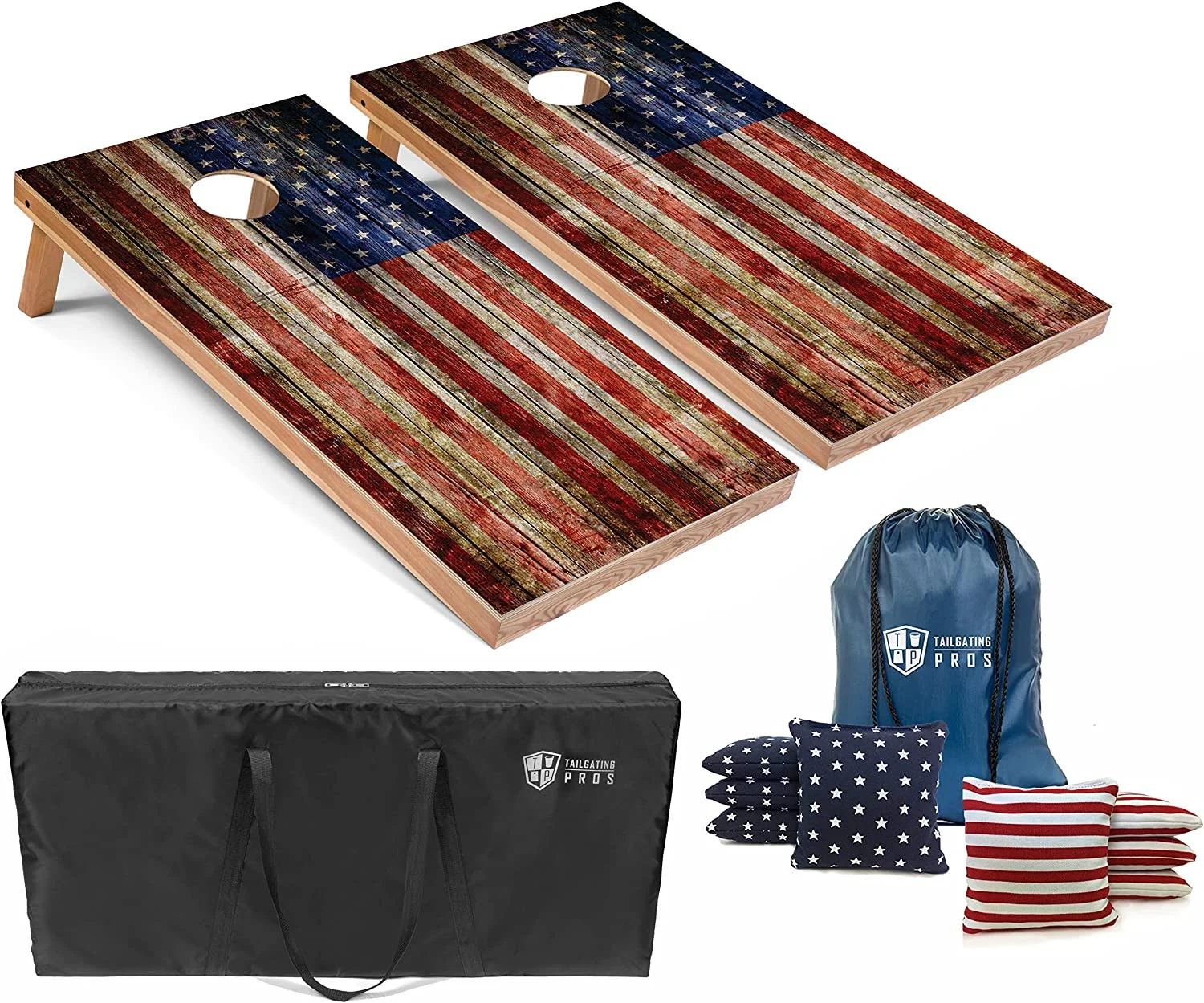 American Flag Wooden Plank Design Board Set W/Bean Bags And Carrying Case - 4'X2' Corn Hole Toss Game